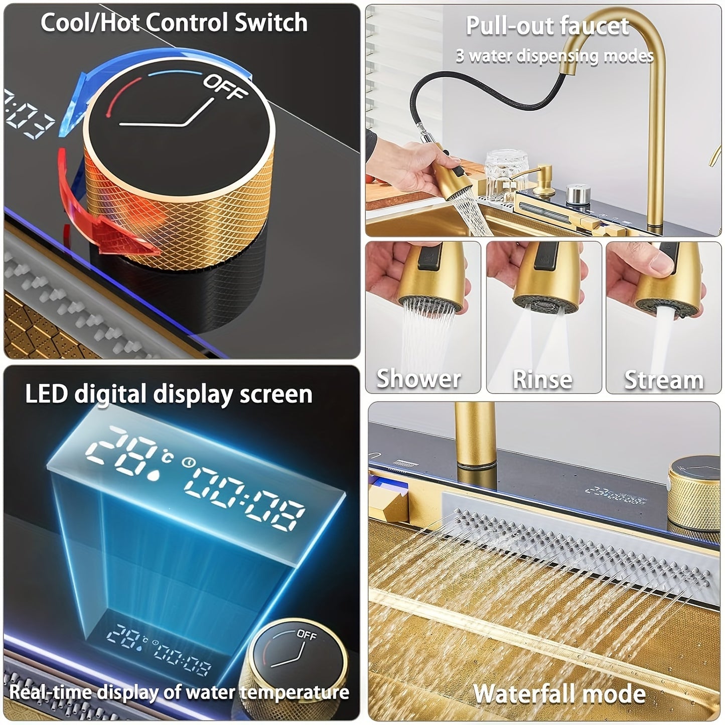 Golden Multifunctional Waterfall Digital Display Sink, 304 Stainless Steel 1 Basin, Smart Sink with Integrated Tap