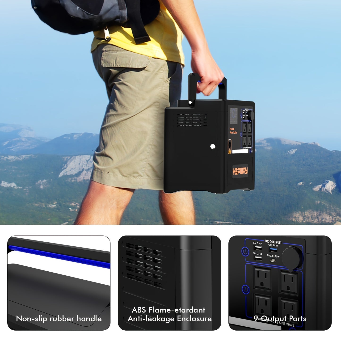 1300W Portable Power Station with AC Outlet, Pure Sine Wave, DC & USB QC3.0 Outputs, 52Ah Lithium Battery