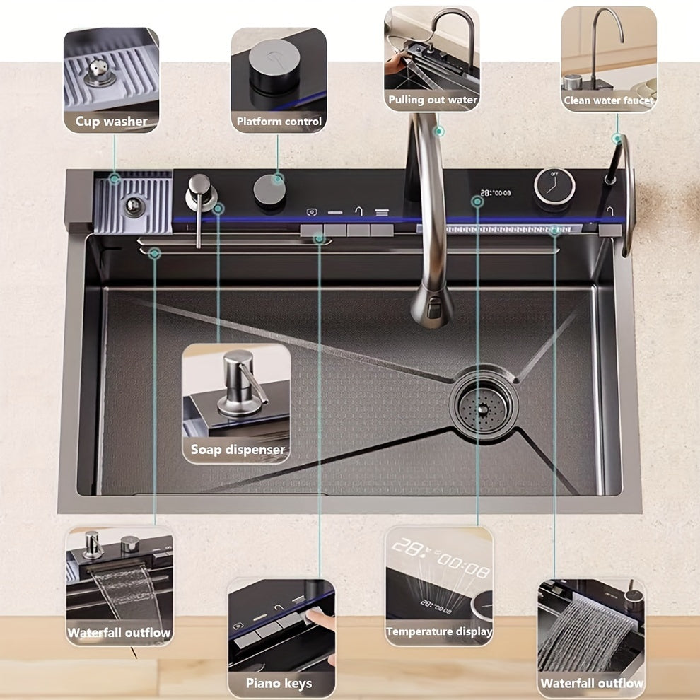 Extra Large Modern Black Stainless Steel Kitchen Sink with Digital Display, Dual Waterfall Design & Cup Holders