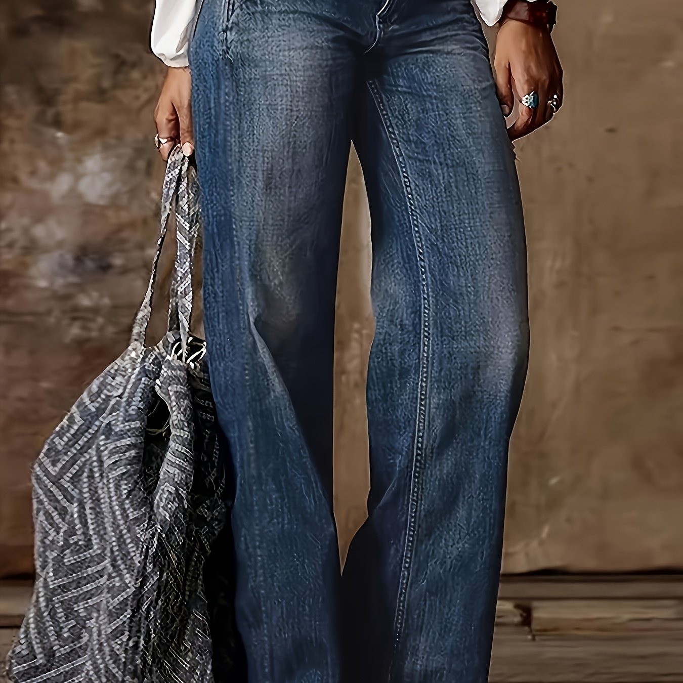 Plus Size Stretch Denim Flare Jeans - Comfort Fit, Mid-Rise, Washed Blue, Slash Pockets