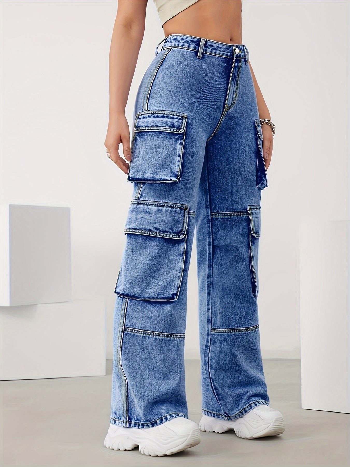 Plus Size High Waist Cargo Jeans - Multi-Pocket Design, High Stretch Denim, All-Season Long Length Pants