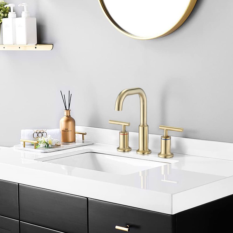 Widespread Bathroom Faucet 3 Hole 2 Handle Vanity Sink Faucet Brushed Golden