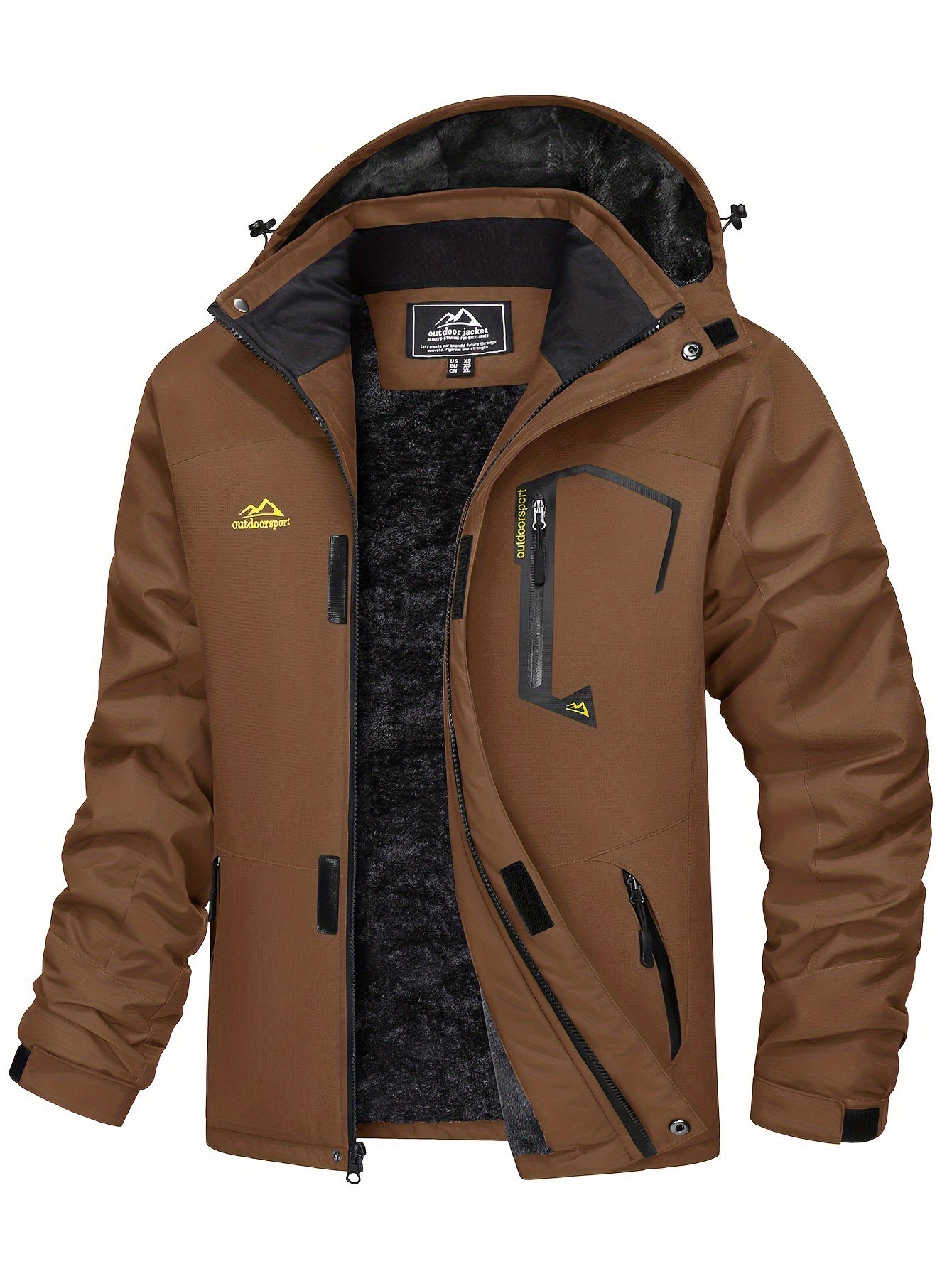 Men Winter Ski Snow Jacket - Multiple Zipper Pockets, Large Storage, Removable Hood, Adjustable Cuffs