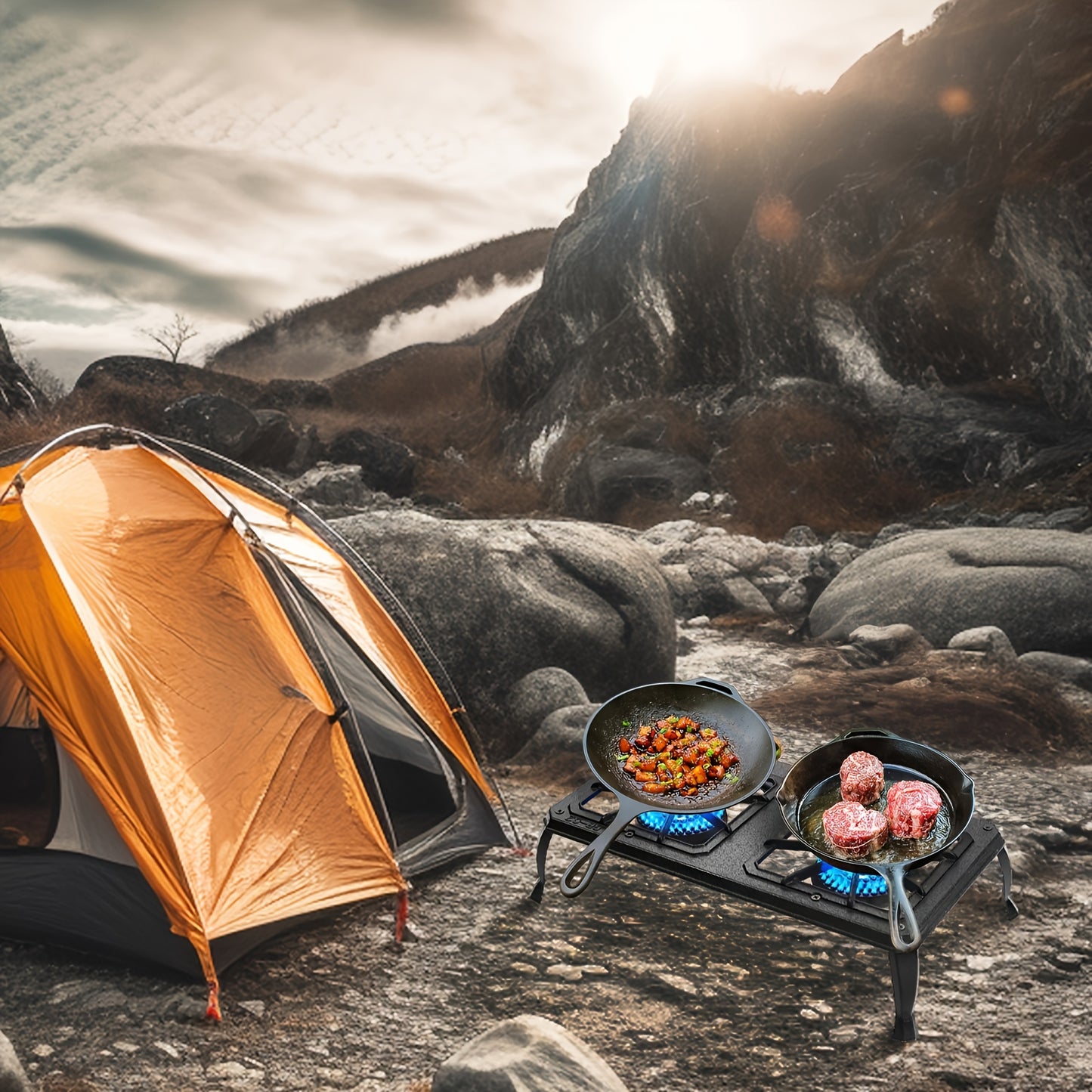 Portable Camping Stove | Dual Burner | Cast Iron | Freestanding | with Regulator and Gas Hose