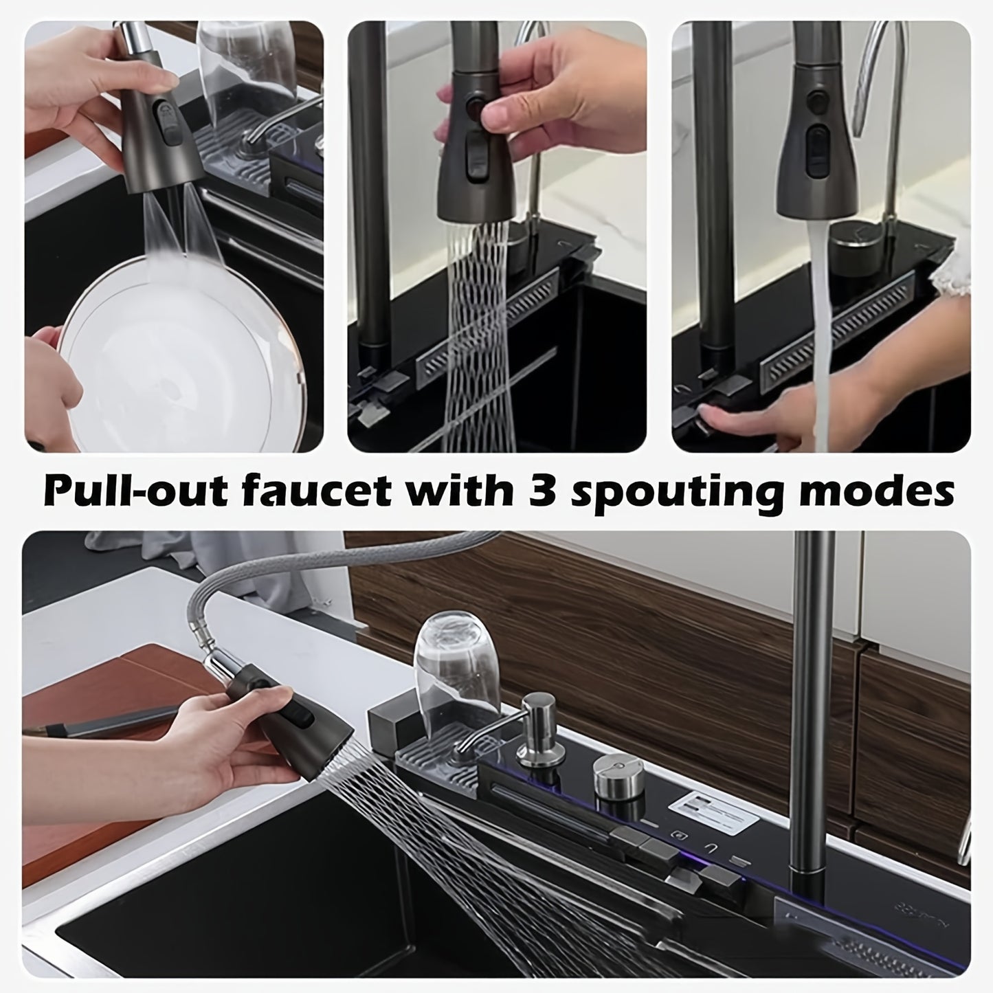 33.5 Inch Stainless Steel Smart Kitchen Sinks, Multifunctional Workstation Kitchen Sink With Digital Display Pull-Out Faucet And Accessories