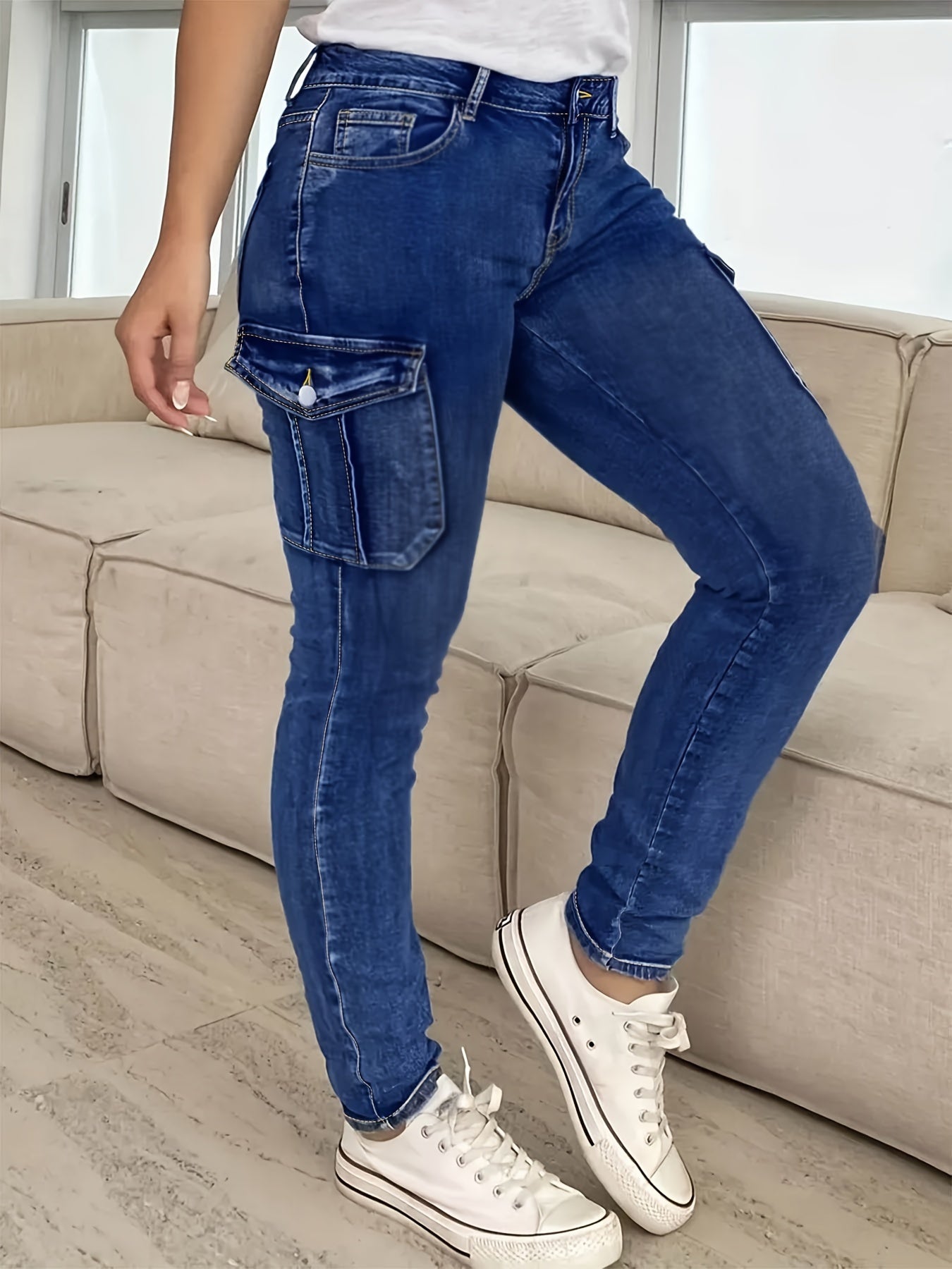 Women's Plus Size High-Waisted Jeans, Multi-Pocket Denim Pants