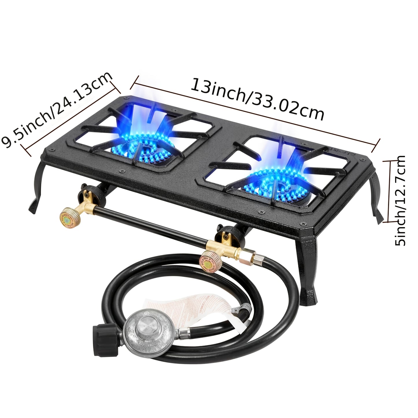 Portable Camping Stove | Dual Burner | Cast Iron | Freestanding | with Regulator and Gas Hose
