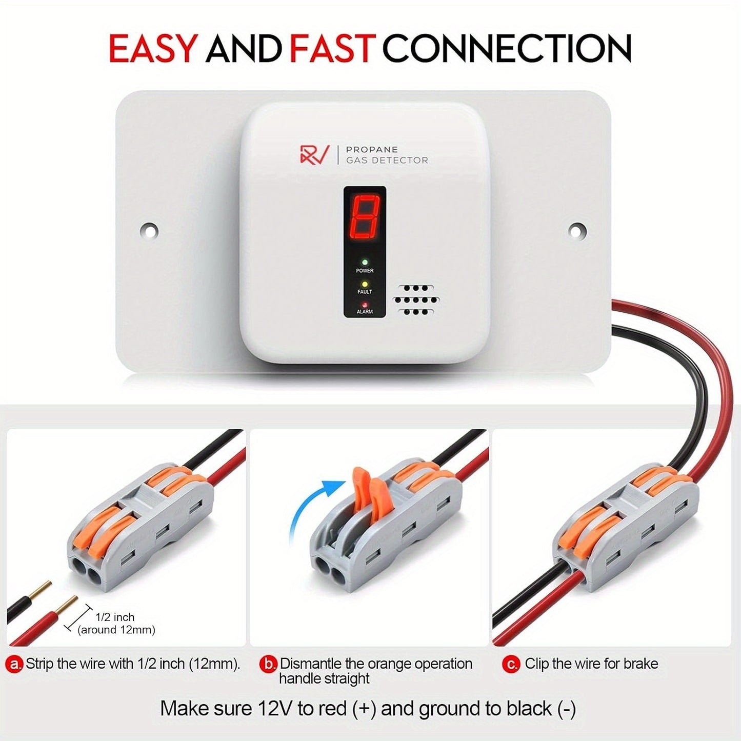 RV Propane Gas Detector, RV Hardwired DC 12V Gas & LP Leak Detector With Digital Alarm