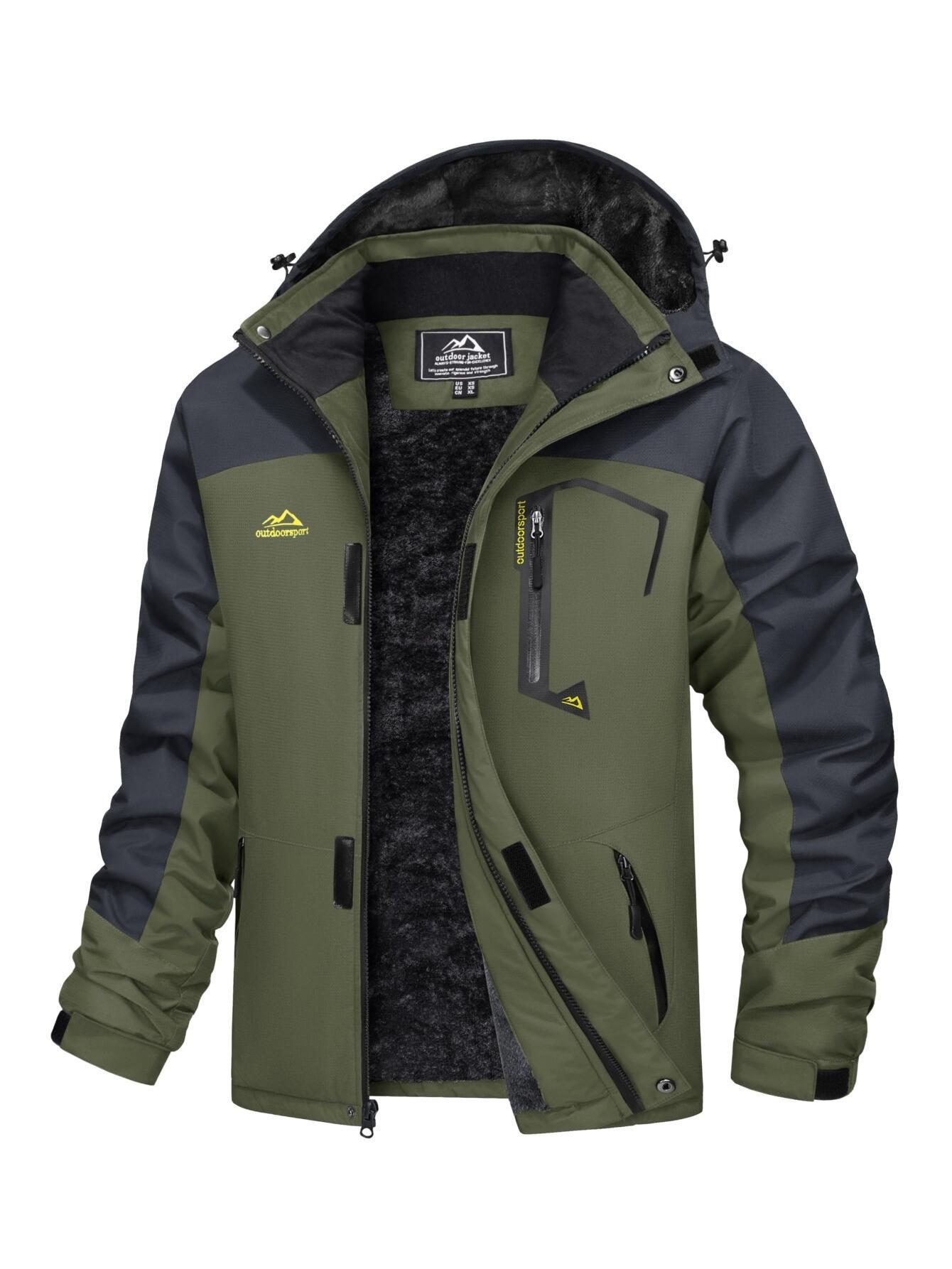 Men Winter Ski Snow Jacket - Multiple Zipper Pockets, Large Storage, Removable Hood, Adjustable Cuffs