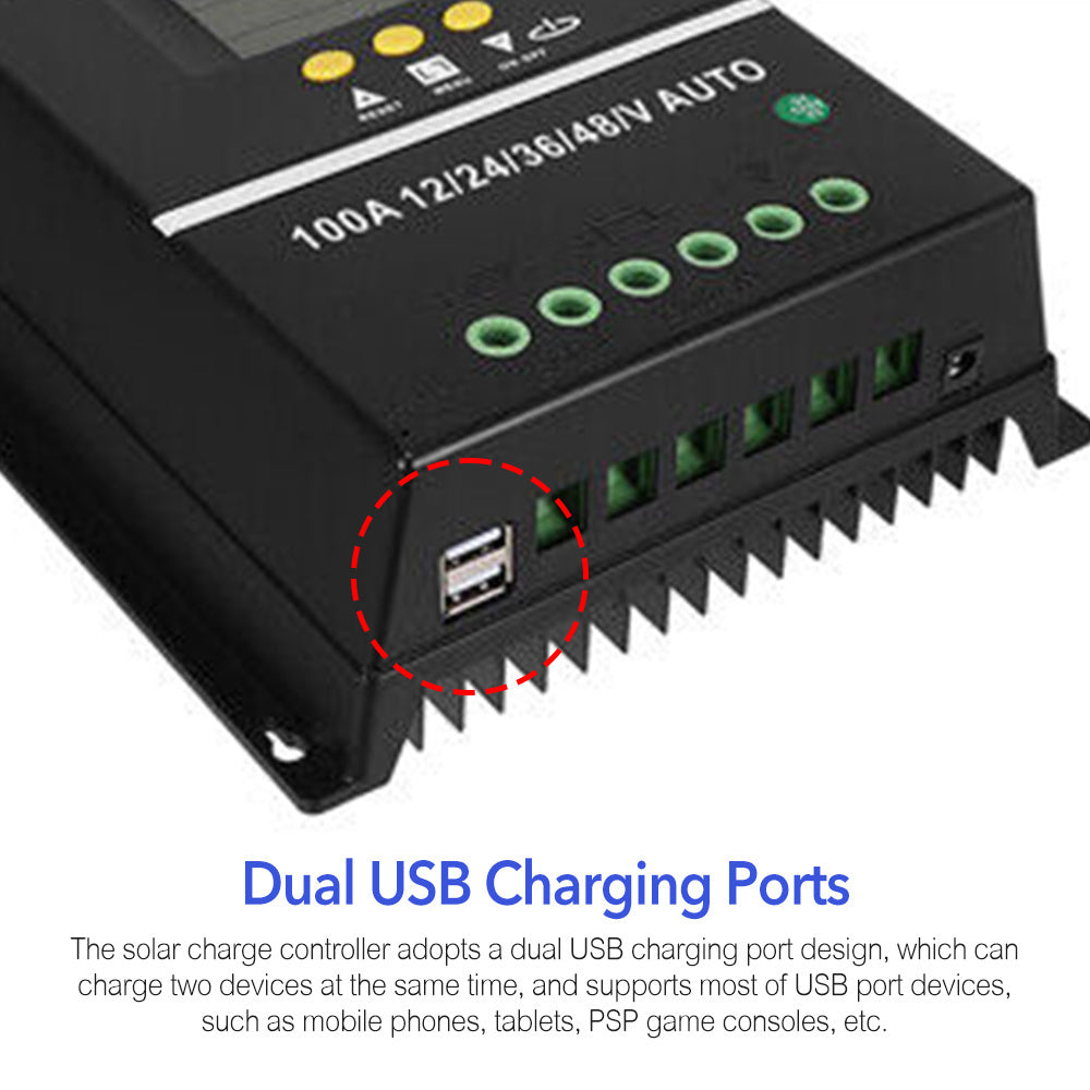 MPPT 36V/ 48V/ 24V/ 12V Solar Charge Controller100A/ 80A/ 60A LCD Dual USB Lead Acid Lithium Batteries Quick Charger