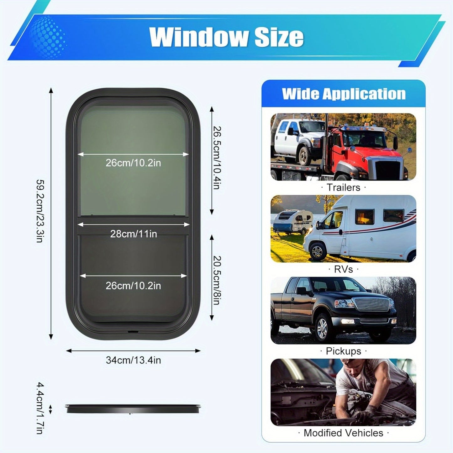 12"x22" Vertical RV Window, Push-Pull Tempered Glass with Screen - Watertight & Sun Protection, Easy Installation