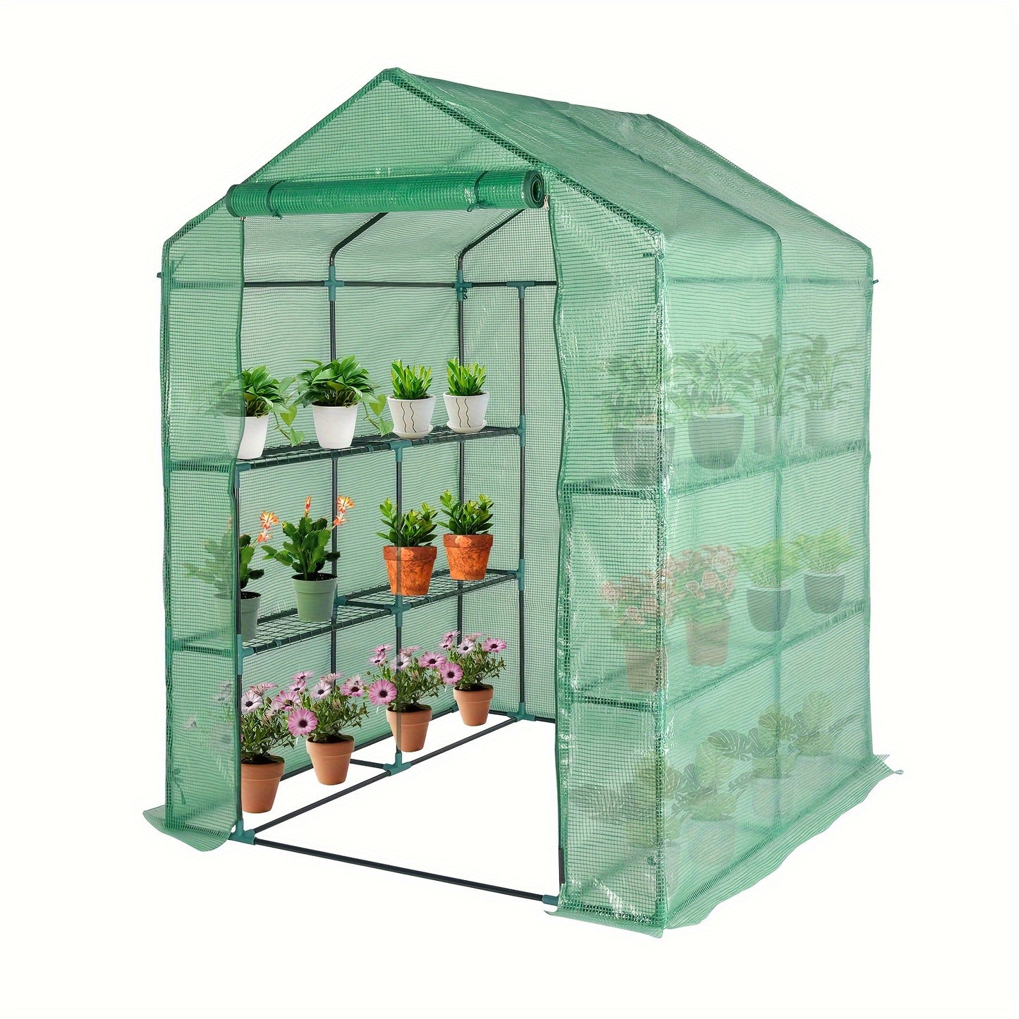56.3x56.3x76.77inch Black Iron Pipe Steeple With 8 Pieces Grid Flower Stand With Zipper Rolling Door PE Cloth Greenhouse