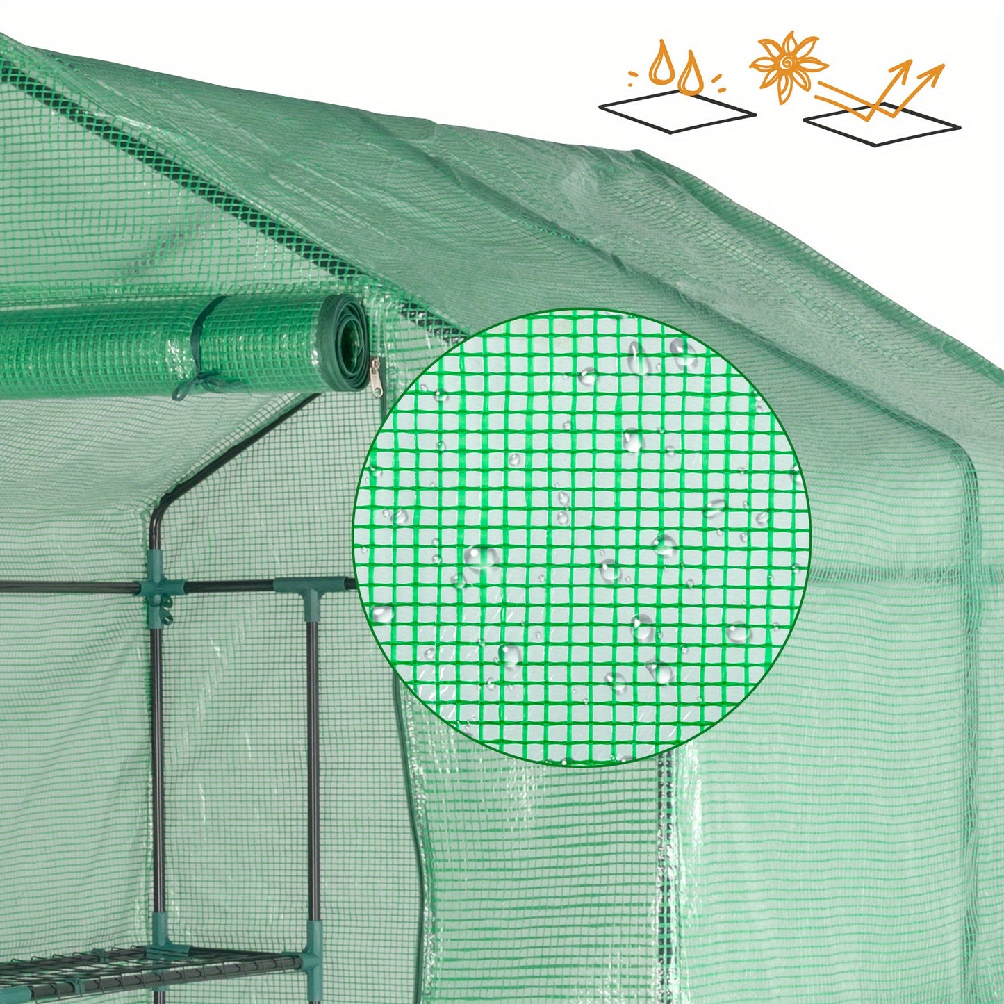 56.3x56.3x76.77inch Black Iron Pipe Steeple With 8 Pieces Grid Flower Stand With Zipper Rolling Door PE Cloth Greenhouse