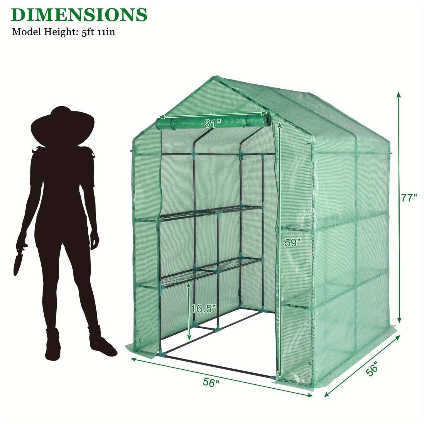56.3x56.3x76.77inch Black Iron Pipe Steeple With 8 Pieces Grid Flower Stand With Zipper Rolling Door PE Cloth Greenhouse