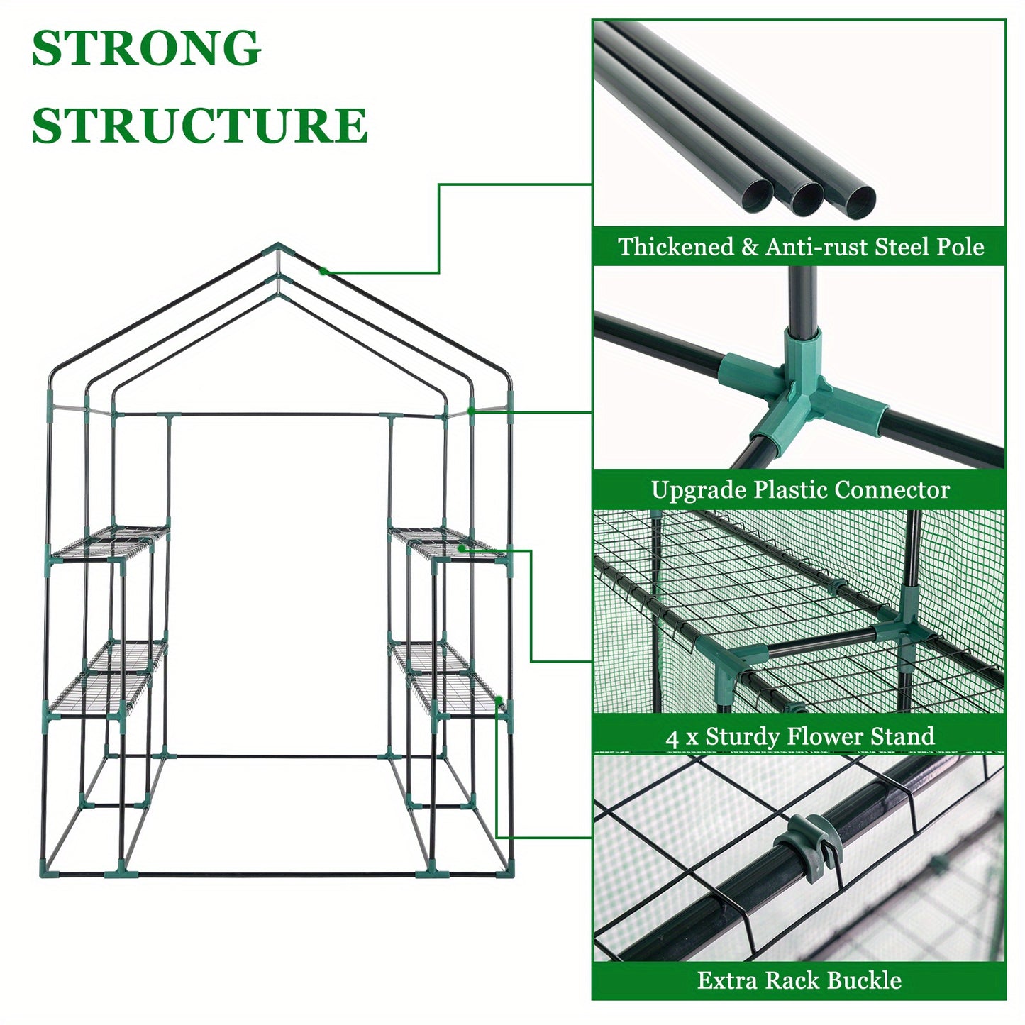 56.3x56.3x76.77inch Black Iron Pipe Steeple With 8 Pieces Grid Flower Stand With Zipper Rolling Door PE Cloth Greenhouse