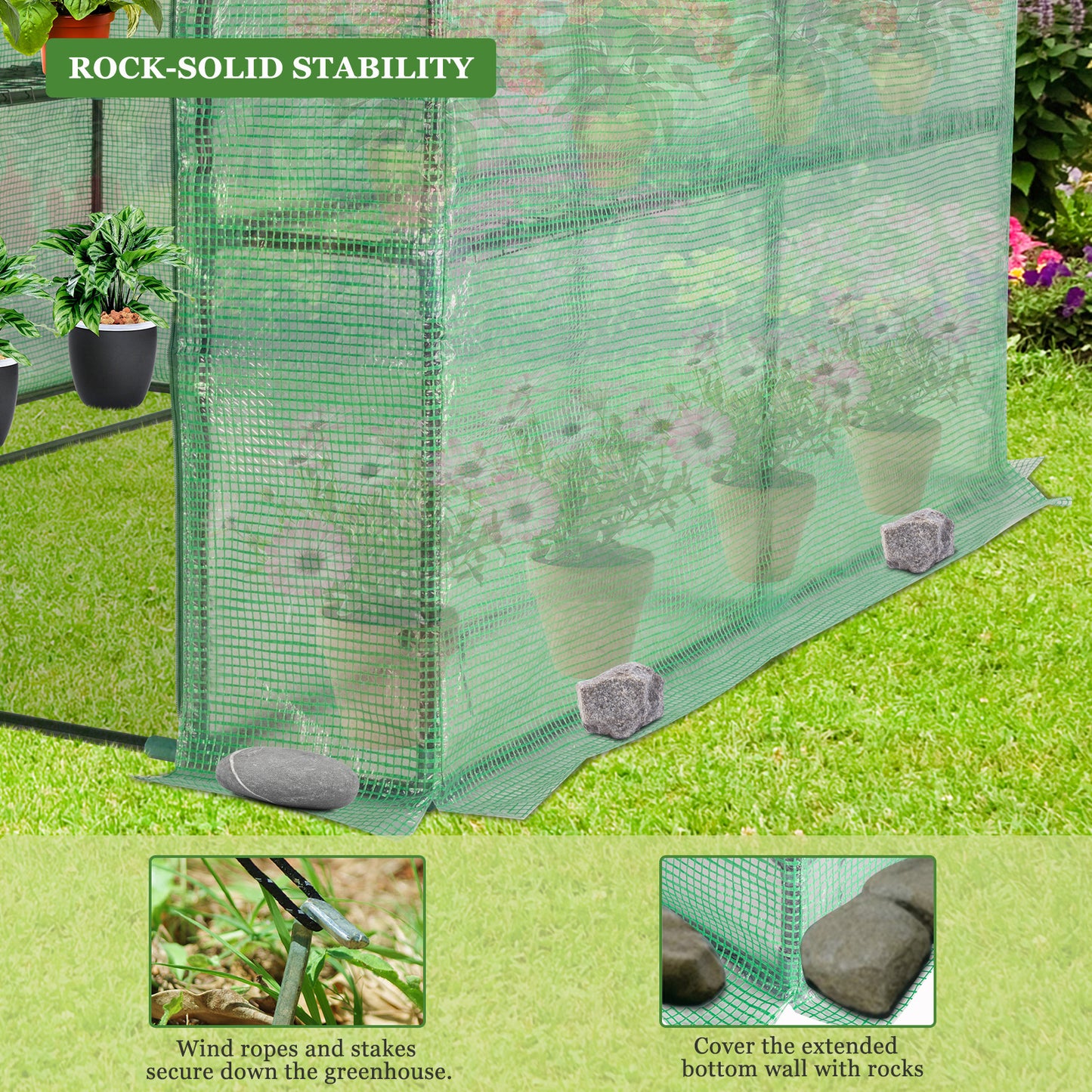 56.3x56.3x76.77inch Black Iron Pipe Steeple With 8 Pieces Grid Flower Stand With Zipper Rolling Door PE Cloth Greenhouse