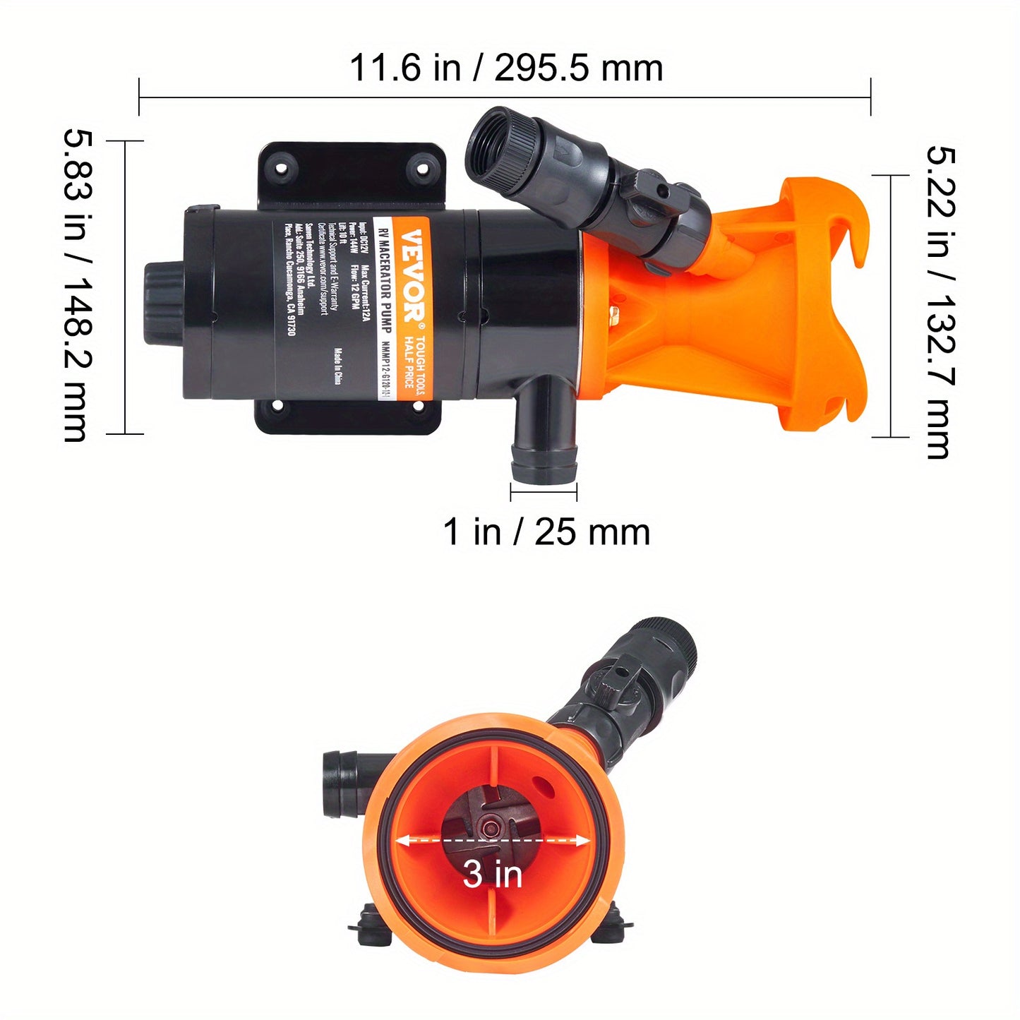 12V, 12GMP Quick Release RV Waste Pump, RV Sewer Pump with Detachable Quick Connection Valve Metal Hose Clamp Power Cord