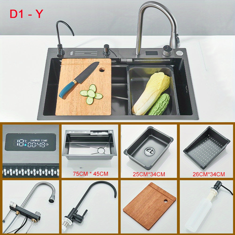 Stainless Steel Kitchen Waterfall Sink Digital Display Large Single Sink Dish Basin Sink With Multifunction Touch Waterfall