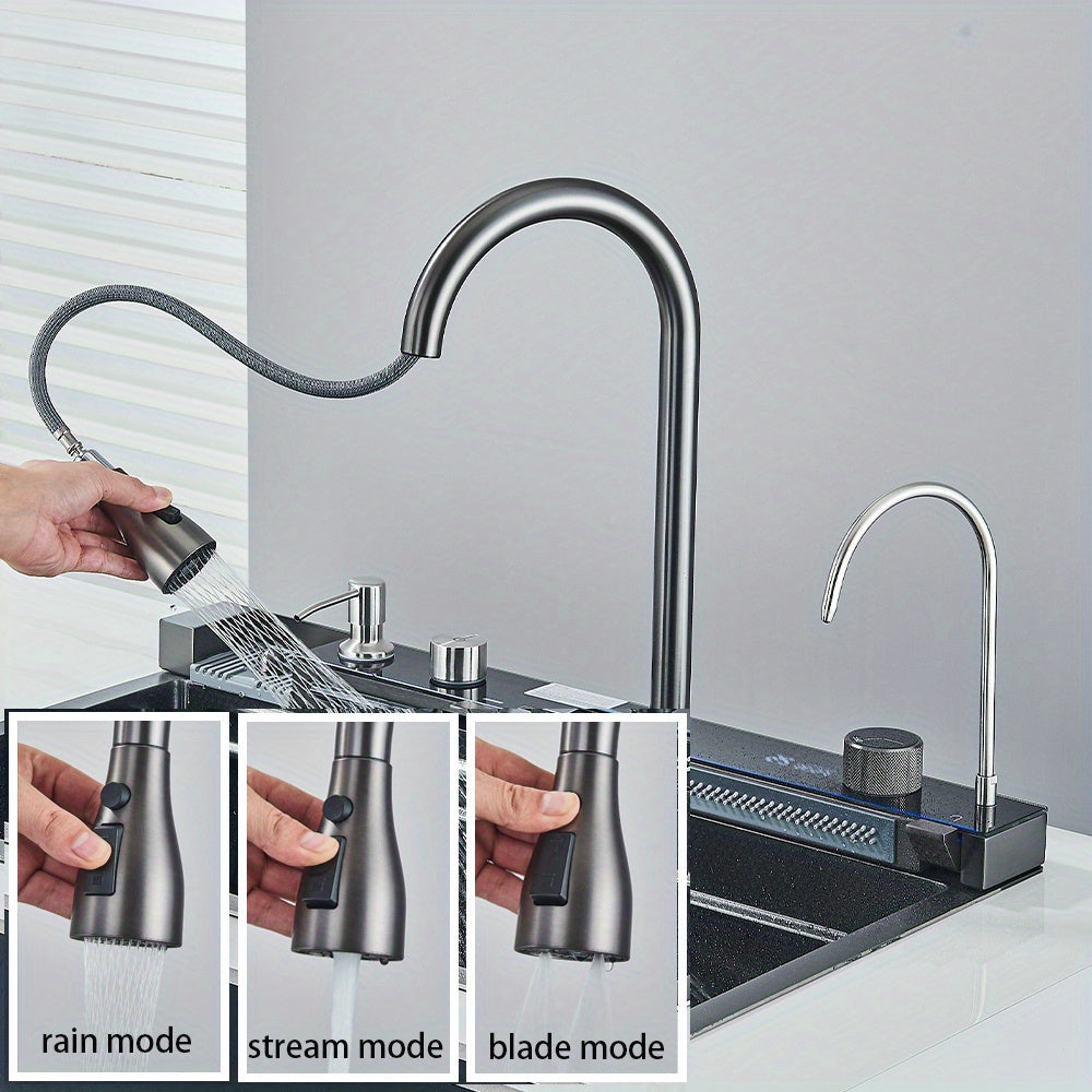 Stainless Steel Kitchen Waterfall Sink Digital Display Large Single Sink Dish Basin Sink With Multifunction Touch Waterfall