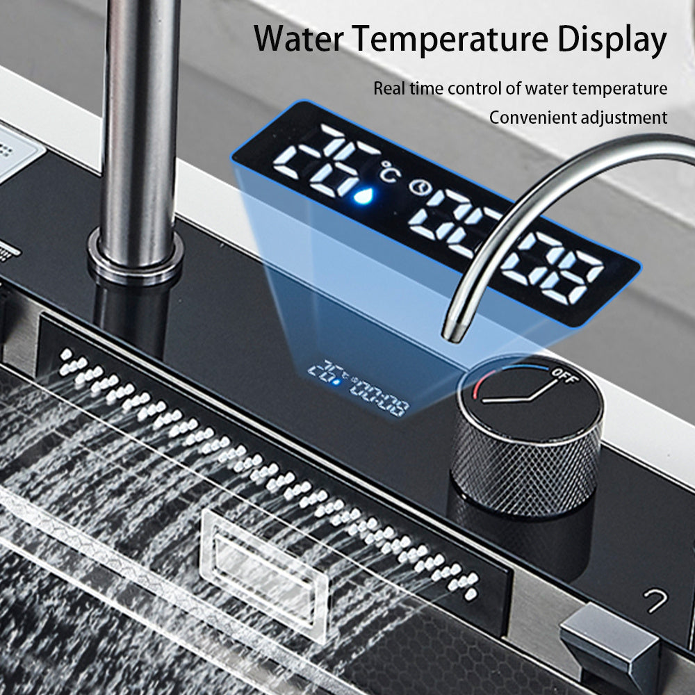 Stainless Steel Kitchen Waterfall Sink Digital Display Large Single Sink Dish Basin Sink With Multifunction Touch Waterfall