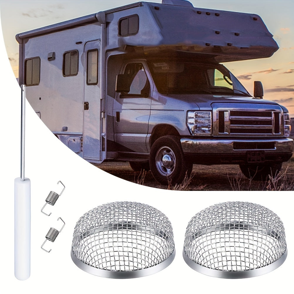 Stainless Steel RV Stove Vent Cover Set, 2pcs with Installation Tools, 2.8-Inch Round Anti-Insect Mesh Screen Accessorie