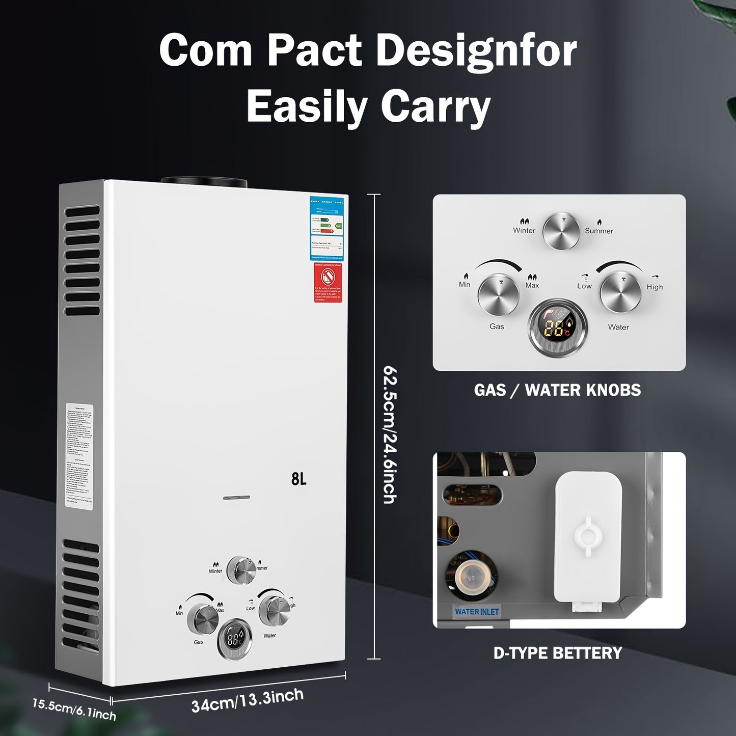 8L Tankless Propane Water Heater with Digital Display - Wall-Mounted
