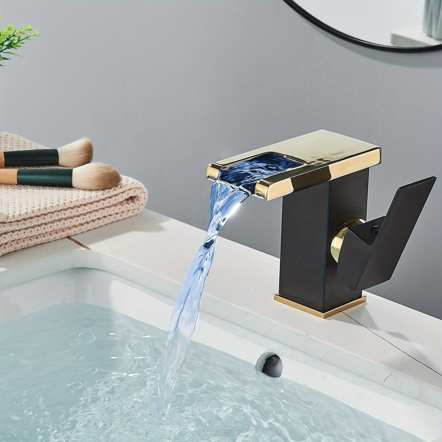 Black Golden LED Bathroom Sink Faucet Waterfall Single Handle Vanity Faucet