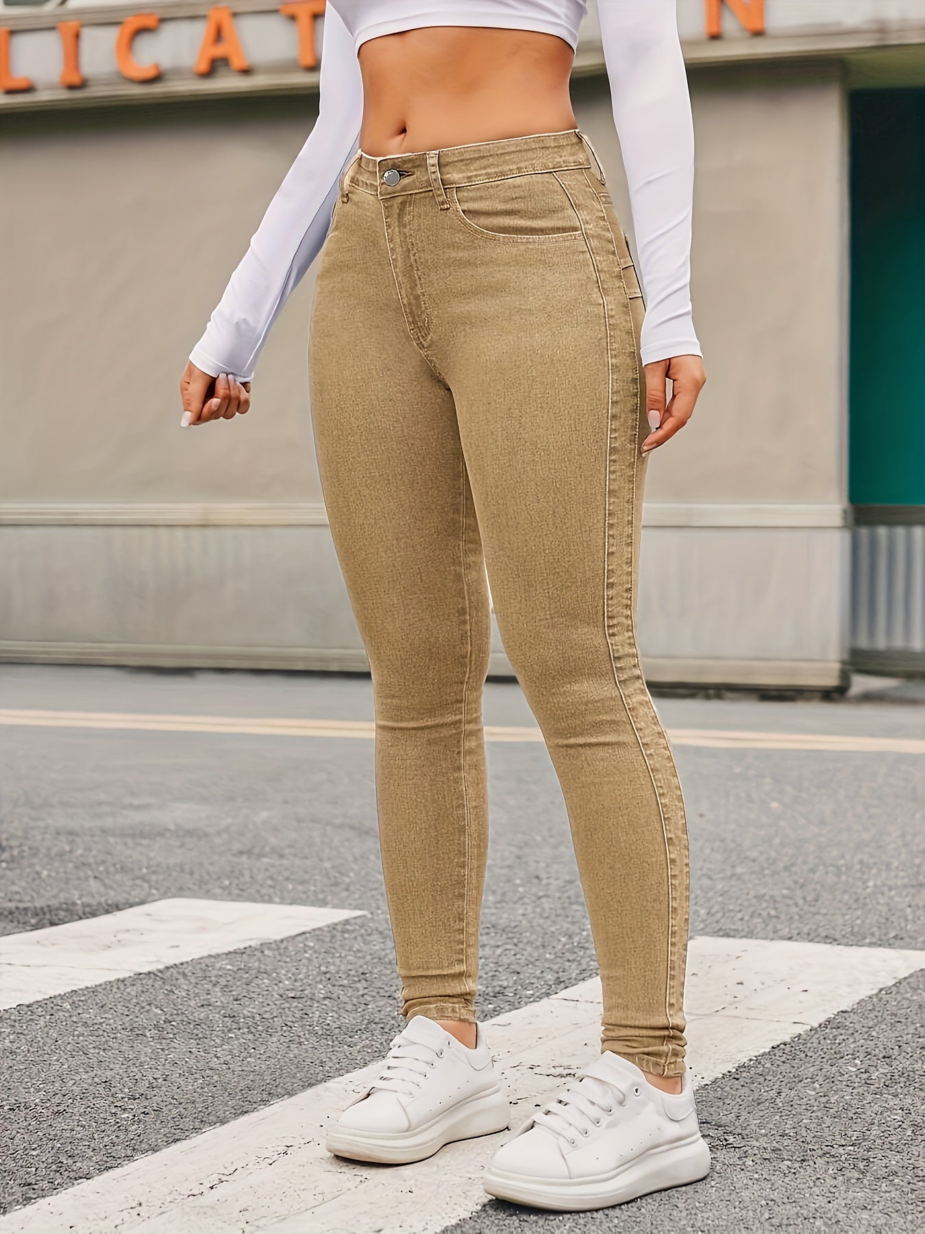 Women's Plus Size Khaki Stretch Skinny Jeans With Slant Pockets, Mid-Rise, Comfort Fit