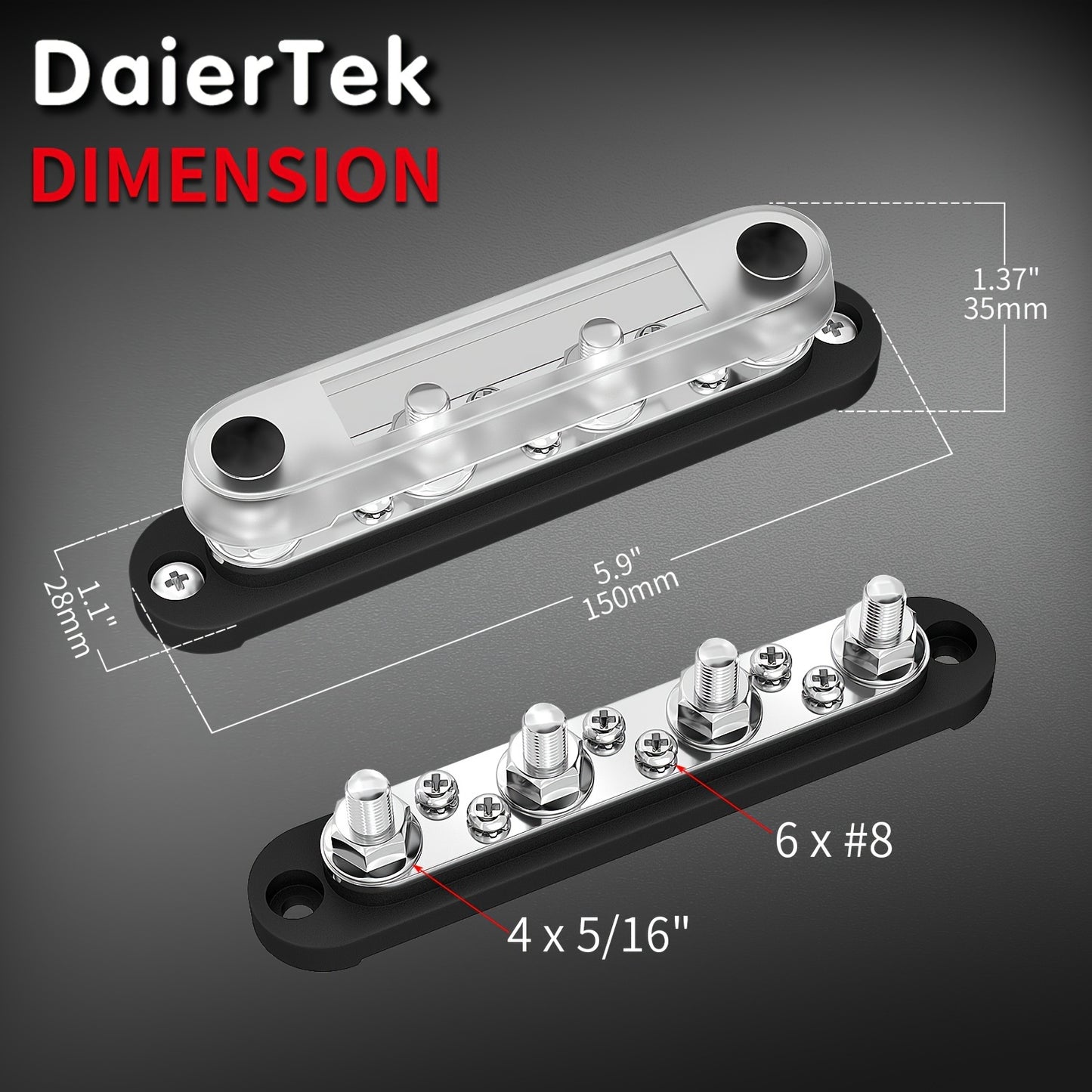 12V Bus Bar Terminal Block 4 x 5/16" (M8) Terminal Stud 6 x #8 (M4) Screw Terminal Positive & Ground Power Distribution Block With Cover