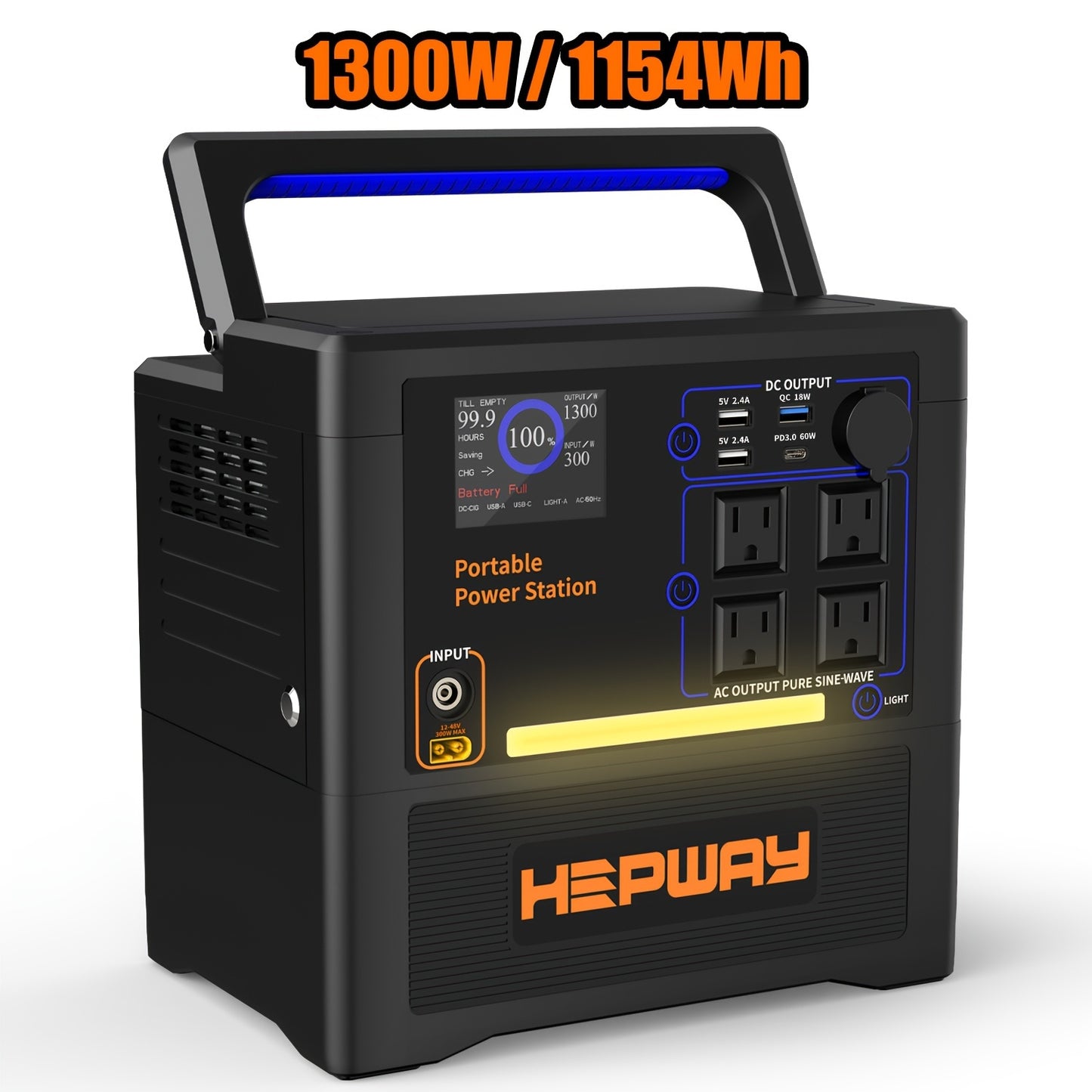 1300W Portable Power Station with AC Outlet, Pure Sine Wave, DC & USB QC3.0 Outputs, 52Ah Lithium Battery