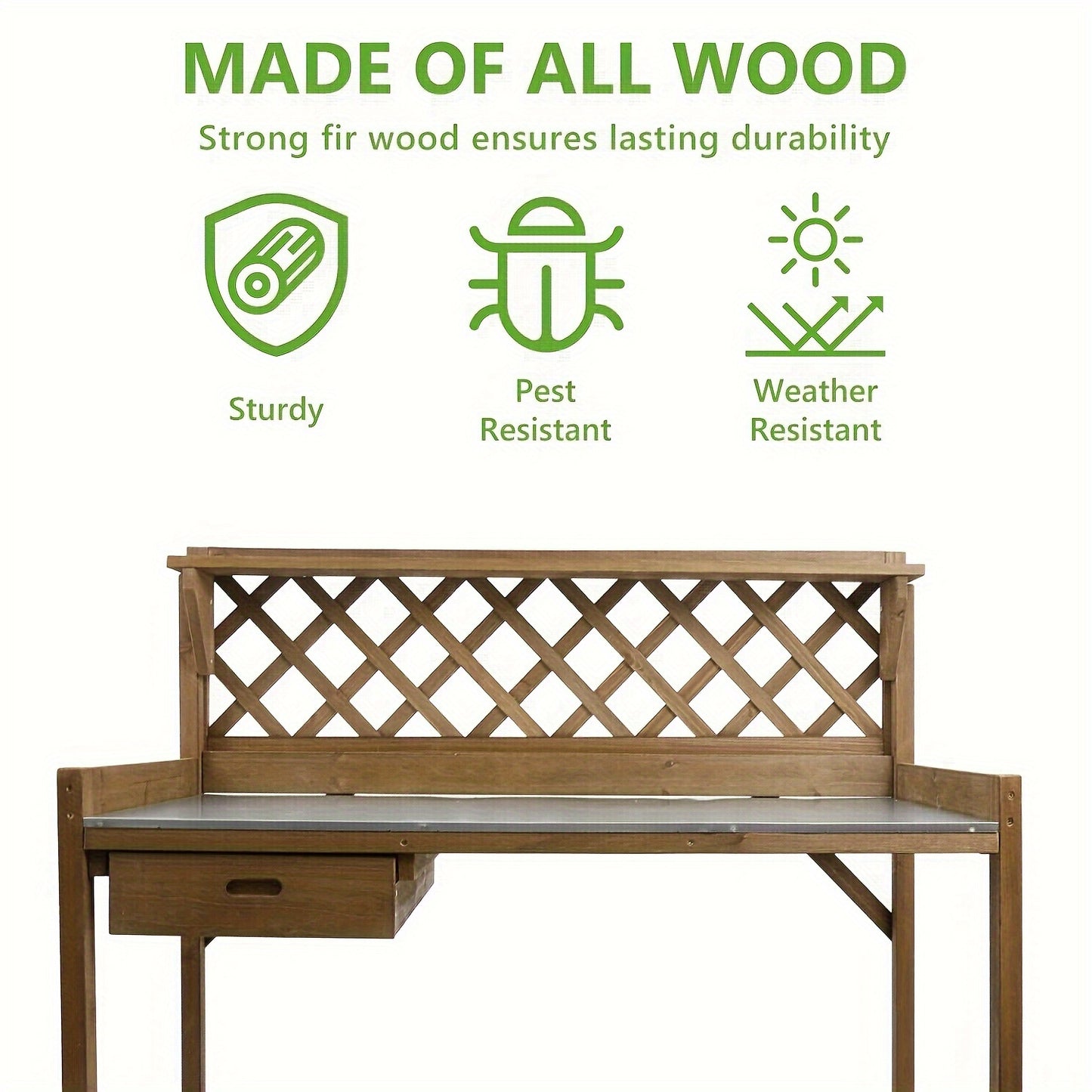 Wooden Potting Bench Table, Natural Wood Garden Work Station With Metal Table Top, Drawer, Large Bottom Shelf