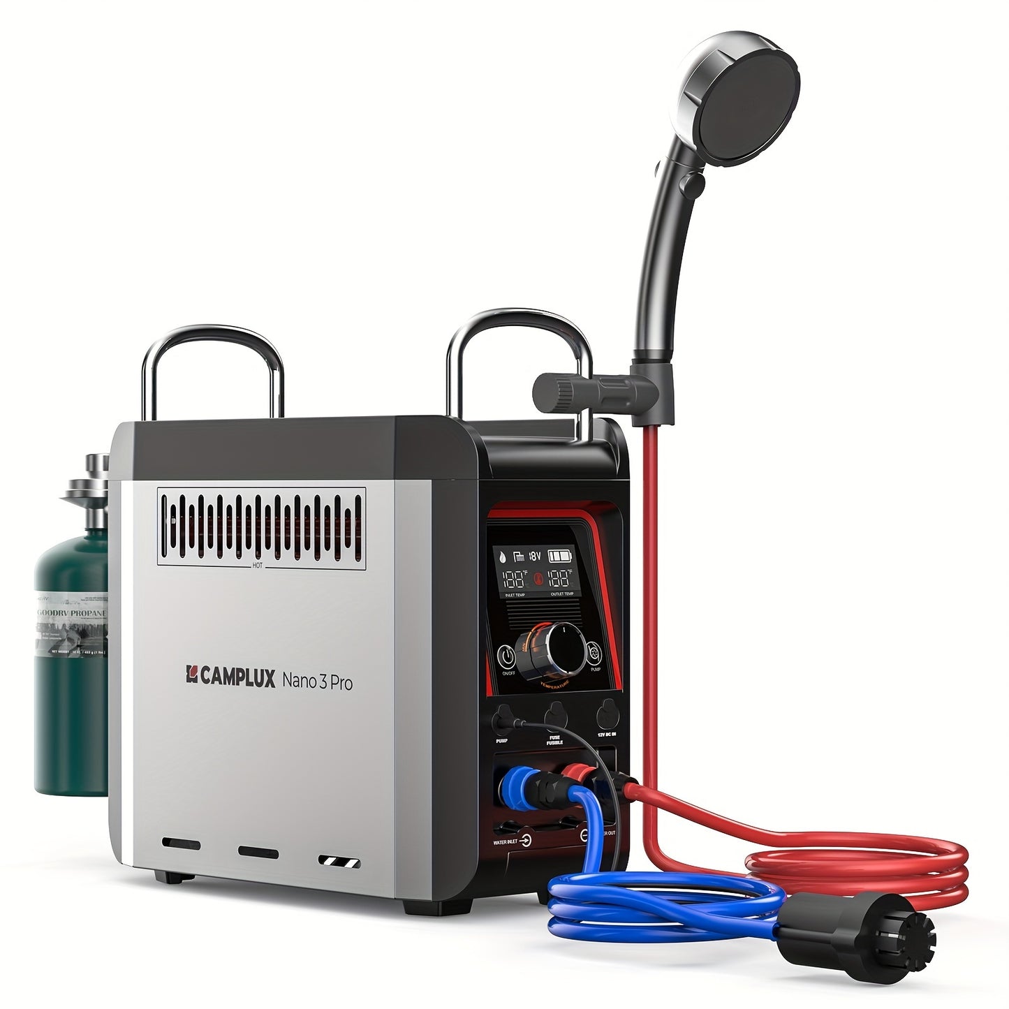 Portable Propane Water Heater & Shower Pump with Built-in 4000mAh Battery – Lightweight, Compact Design, Includes Flexible Charging Options