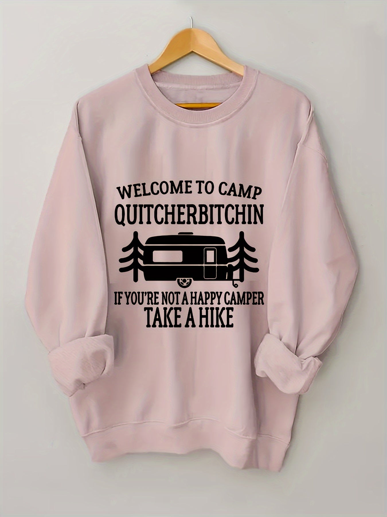 Women's Plus Size Crew Neck Pullover Sweatshirt - Alphabet Print "Welcome to Camp Quitcherbitchin" Graphic