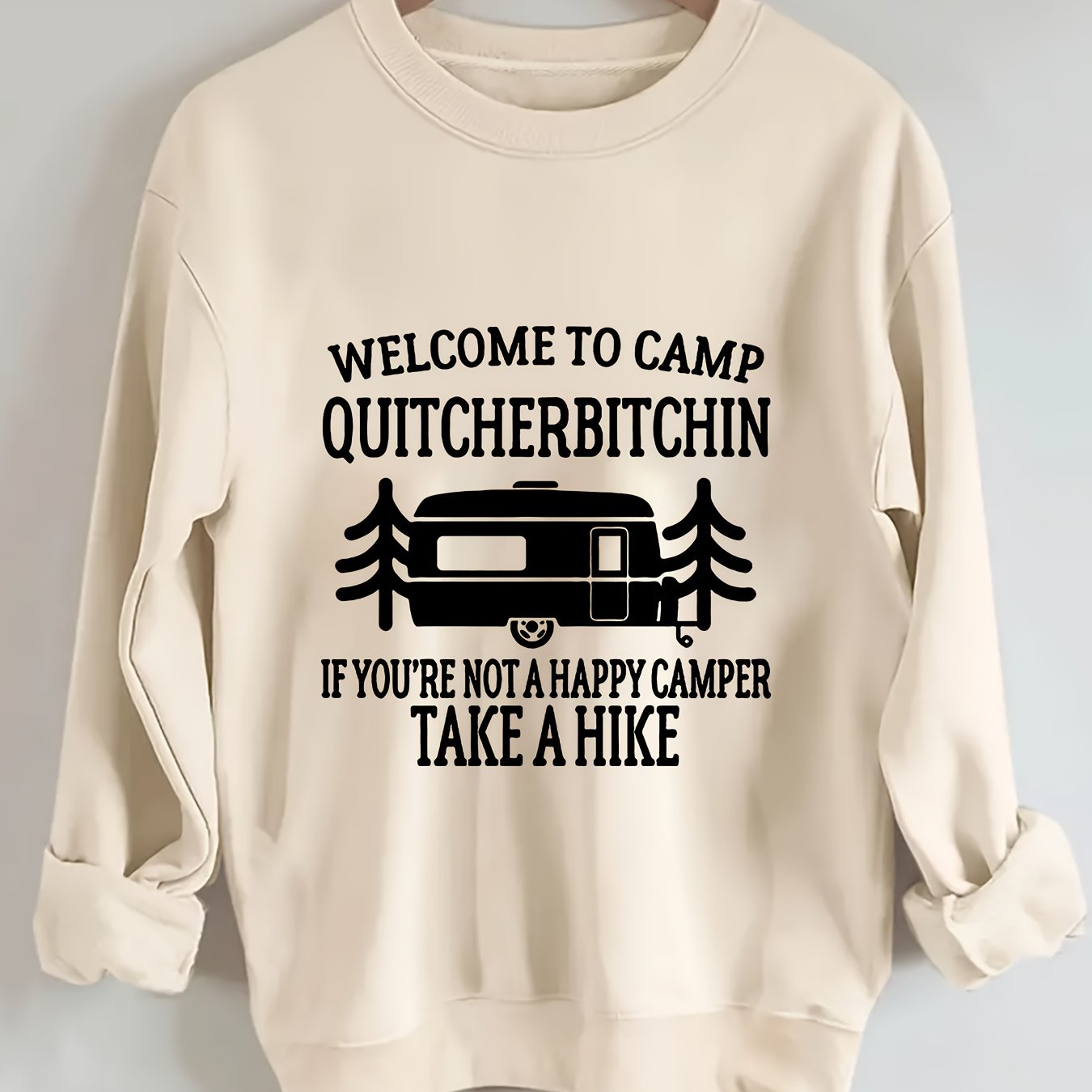 Women's Plus Size Crew Neck Pullover Sweatshirt - Alphabet Print "Welcome to Camp Quitcherbitchin" Graphic