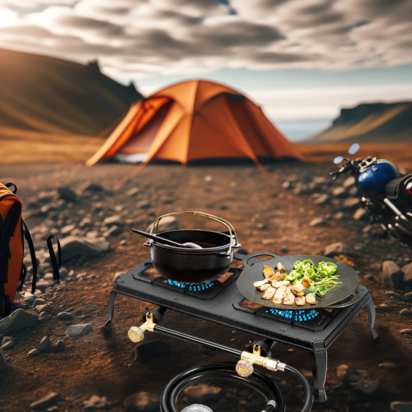 Portable Camping Stove | Dual Burner | Cast Iron | Freestanding | with Regulator and Gas Hose