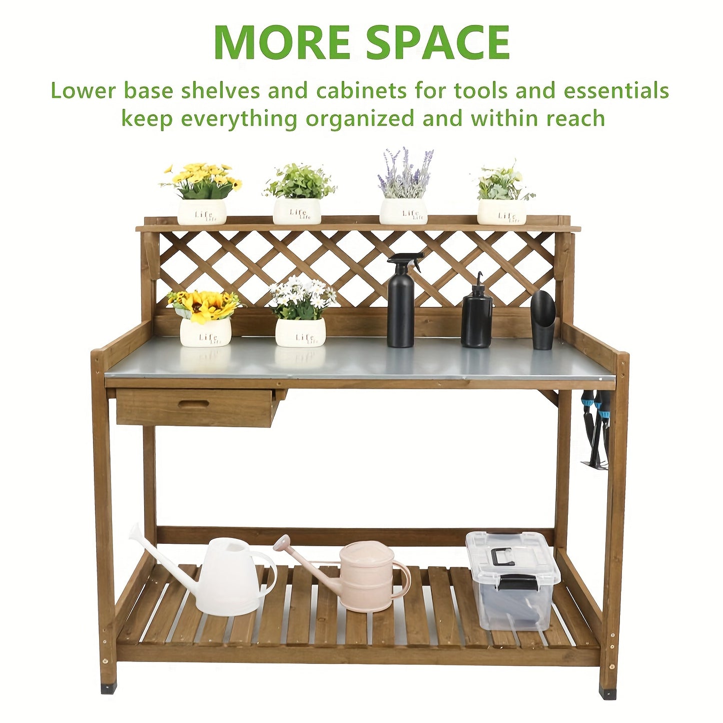 Wooden Potting Bench Table, Natural Wood Garden Work Station With Metal Table Top, Drawer, Large Bottom Shelf