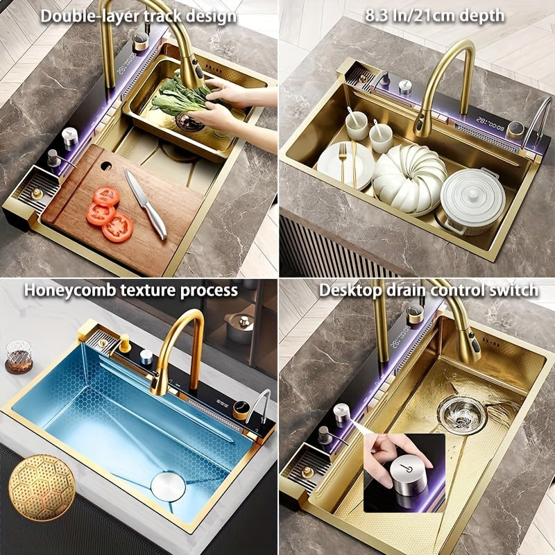 Golden Multifunctional Waterfall Digital Display Sink, 304 Stainless Steel 1 Basin, Smart Sink with Integrated Tap