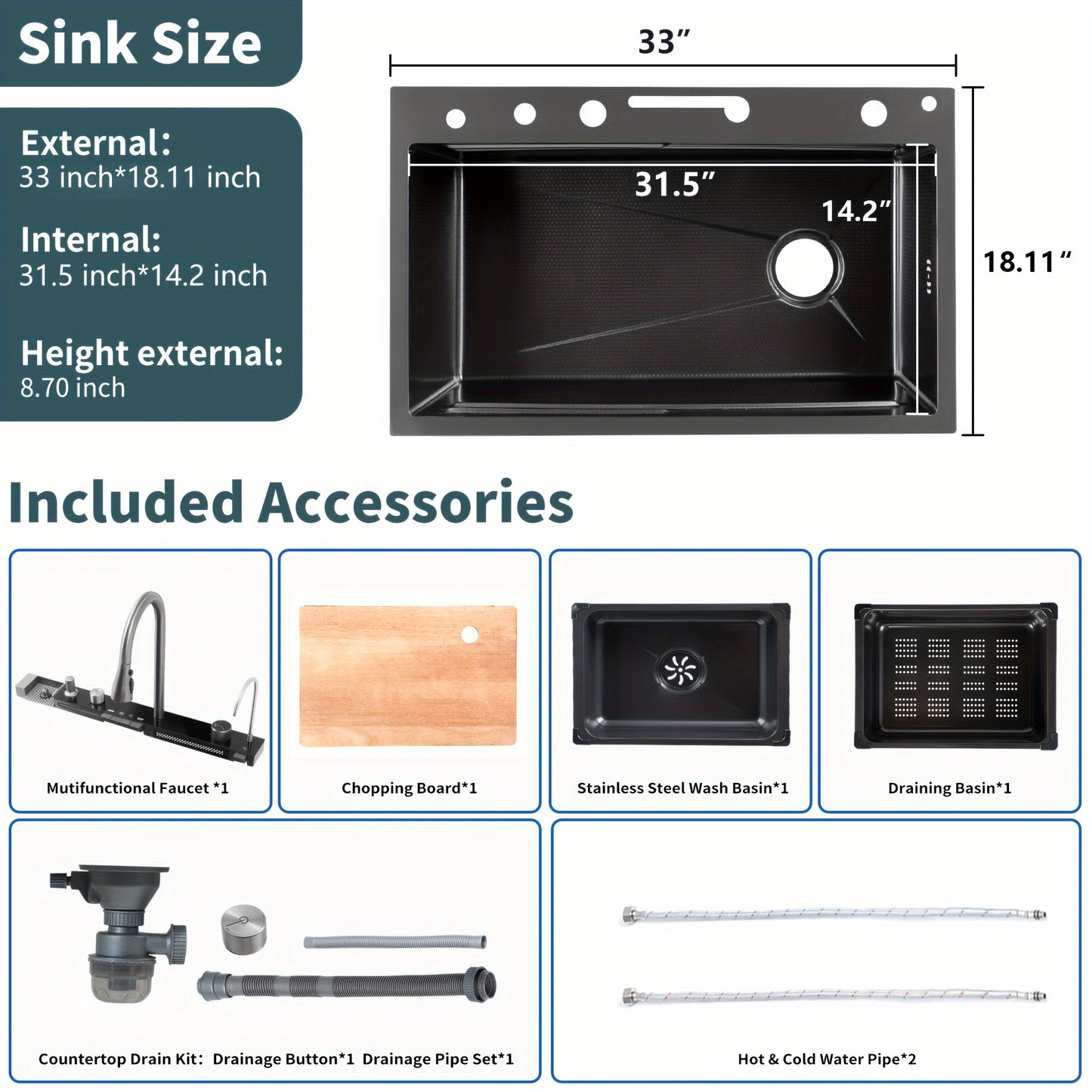 33.5 Inch Stainless Steel Smart Kitchen Sinks, Multifunctional Workstation Kitchen Sink With Digital Display Pull-Out Faucet And Accessories