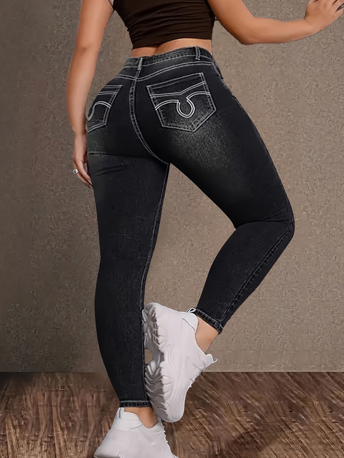 Vintage Black High-Waist Stretch Denim Jeans - Plus Size, Geometric Embroidery, Pockets, Rayon Blend