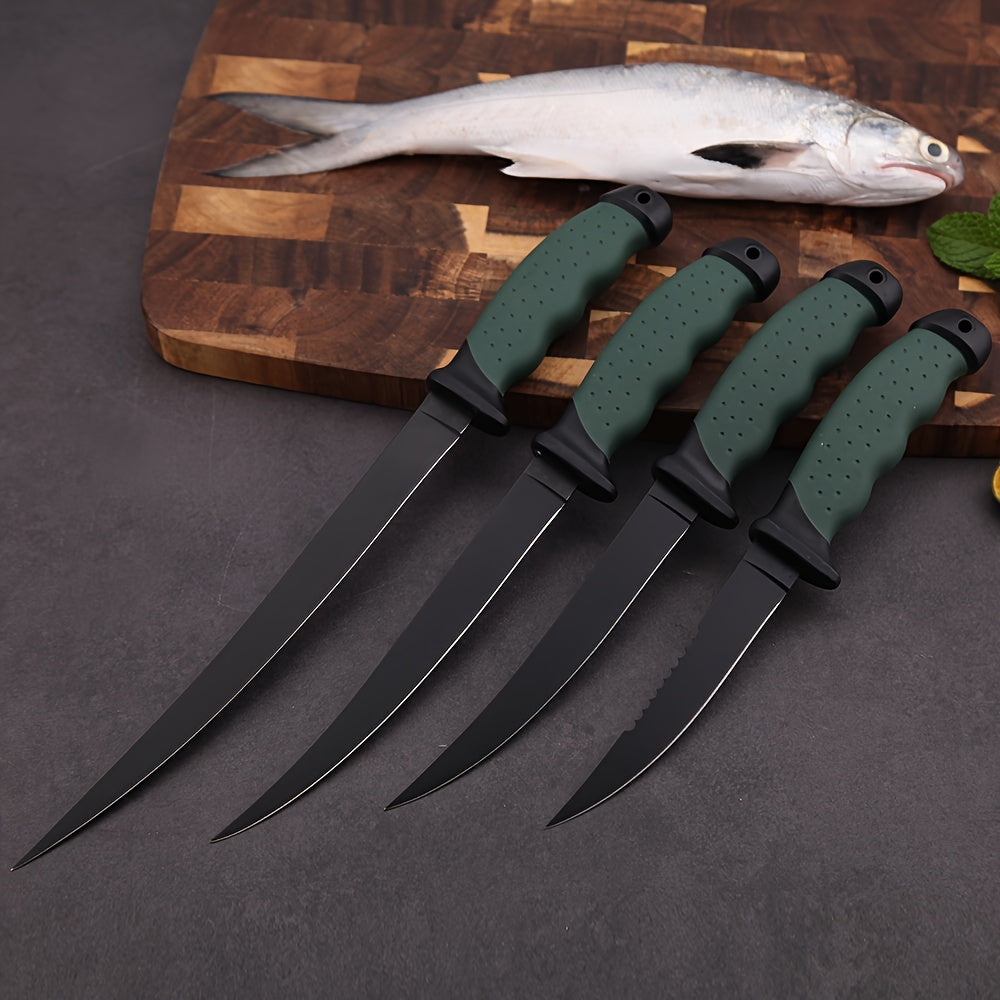4pcs/Set Fish Cutting Fillet Knife, Non-stick Coating PP+TPR Soft Handle, Stainless Steel Fishing Knife Included Sheath
