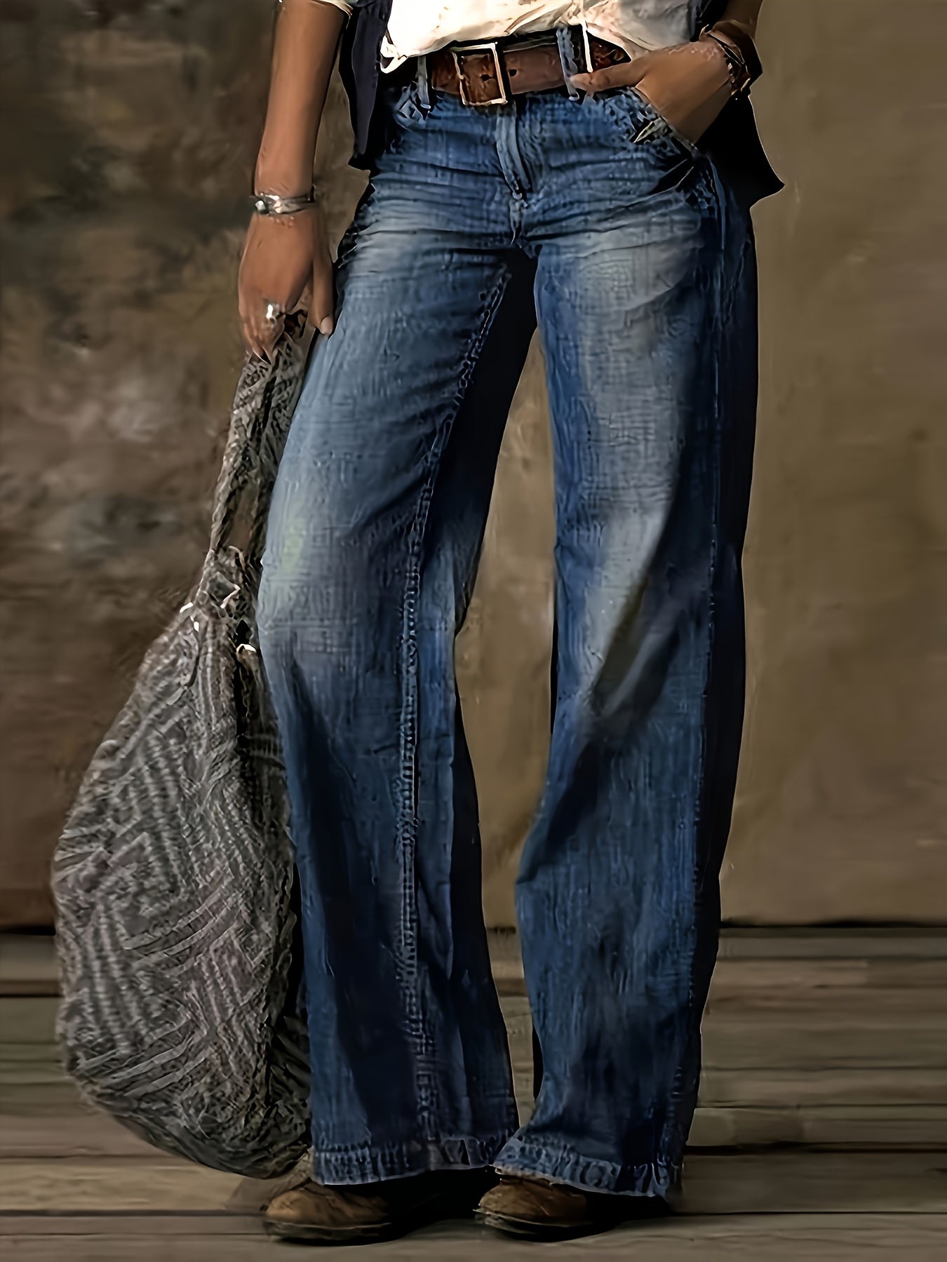 Plus Size Stretch Denim Flare Jeans - Comfort Fit, Mid-Rise, Washed Blue, Slash Pockets