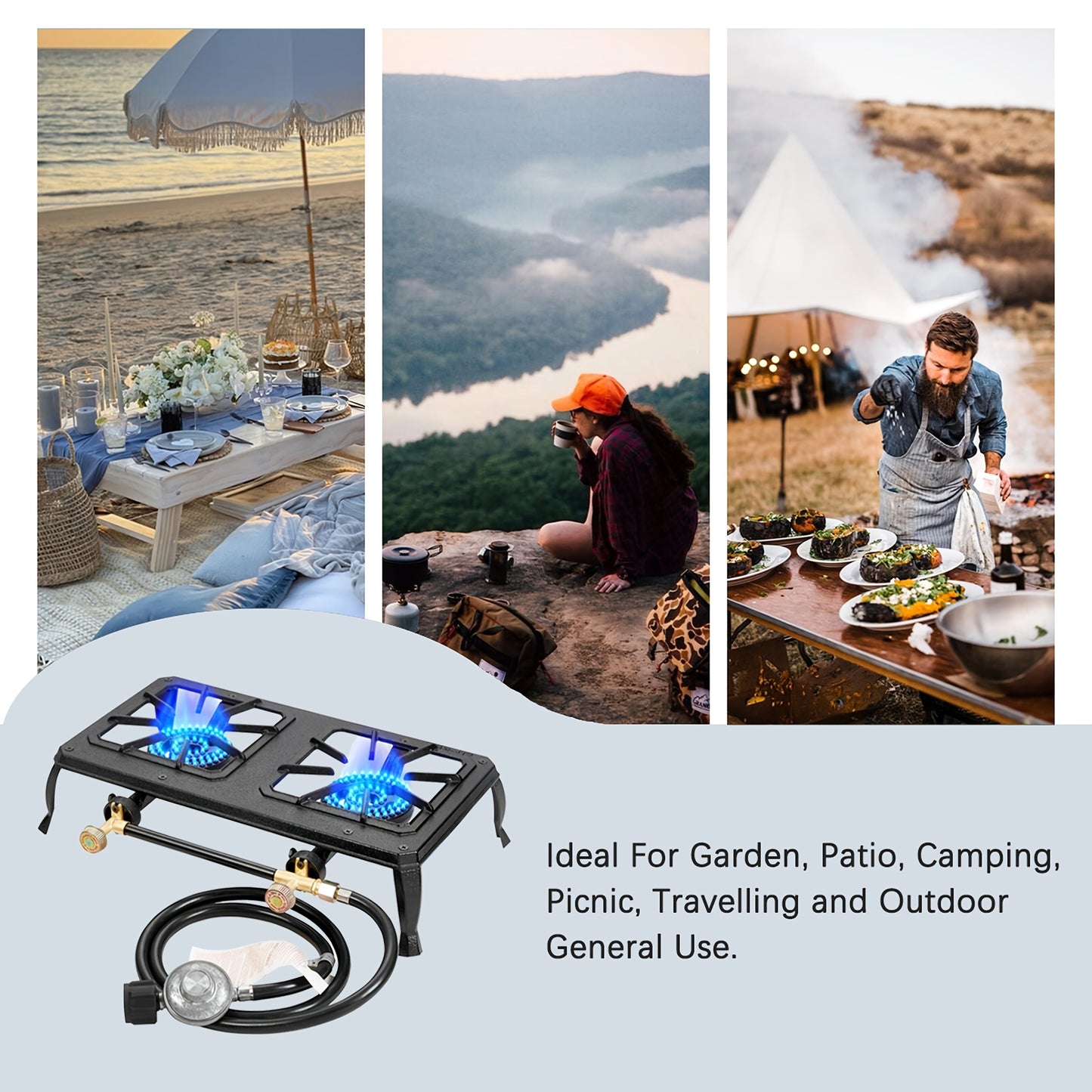 Portable Camping Stove | Dual Burner | Cast Iron | Freestanding | with Regulator and Gas Hose
