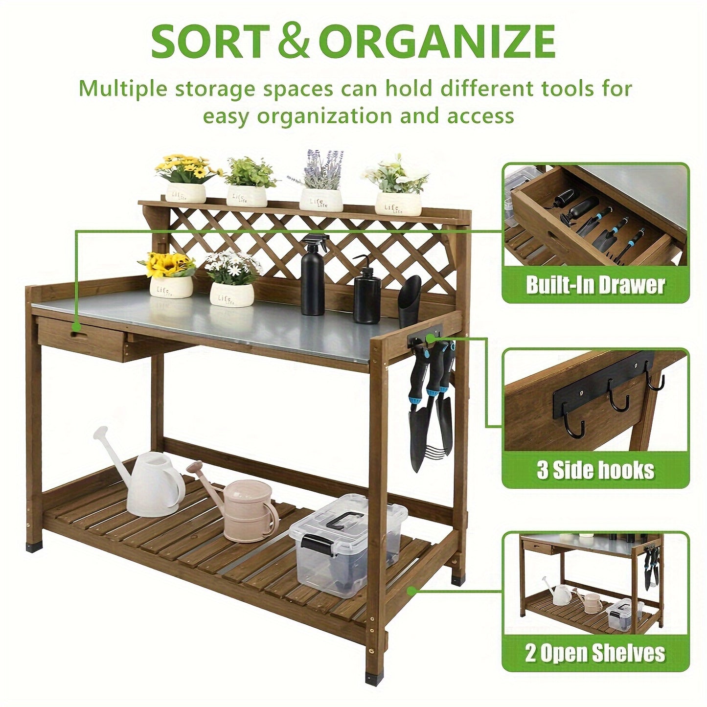Wooden Potting Bench Table, Natural Wood Garden Work Station With Metal Table Top, Drawer, Large Bottom Shelf