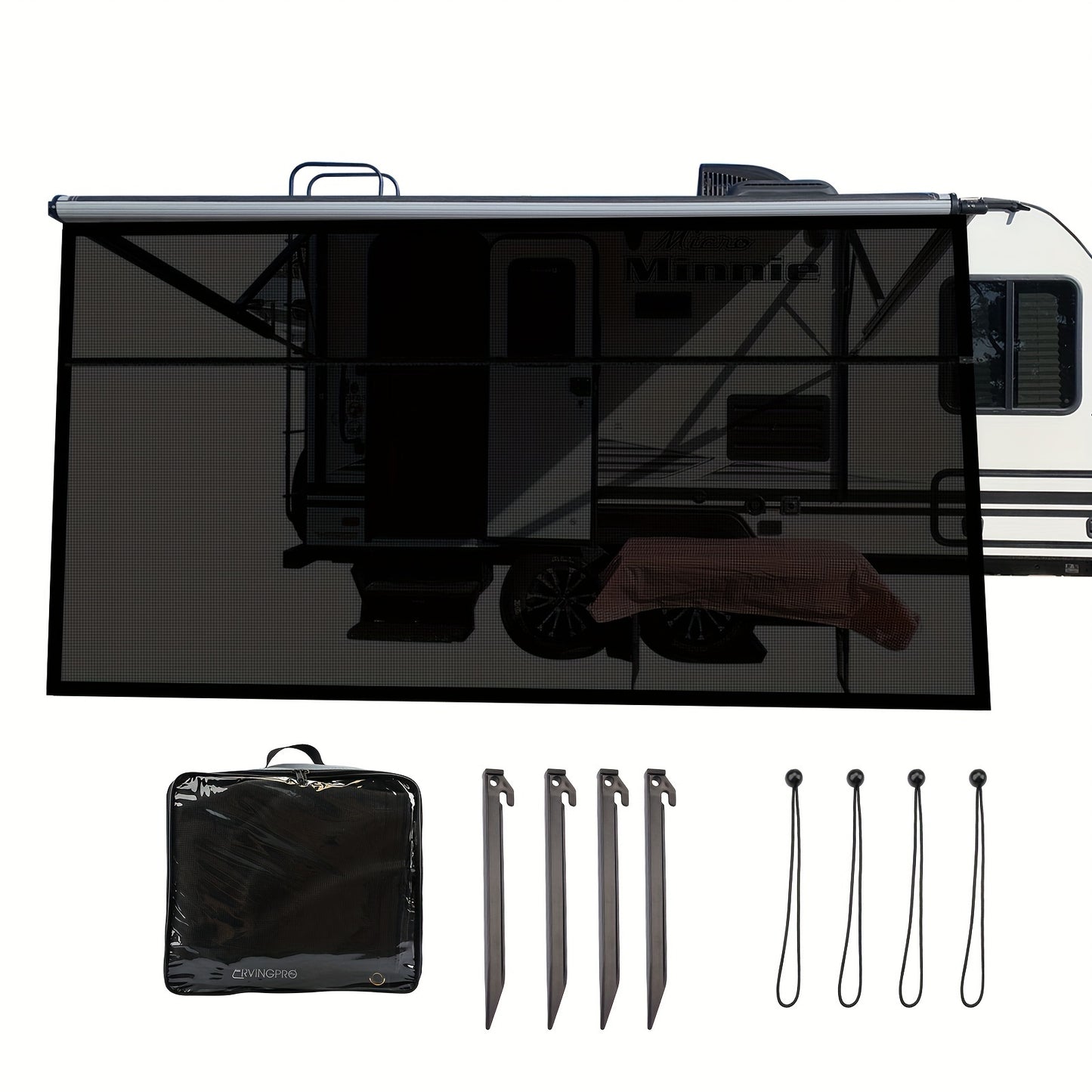RV Awning Shade Screen With Zipper 14' X 8' - Black Mesh UV Blocker Sun Shade Complete Kits