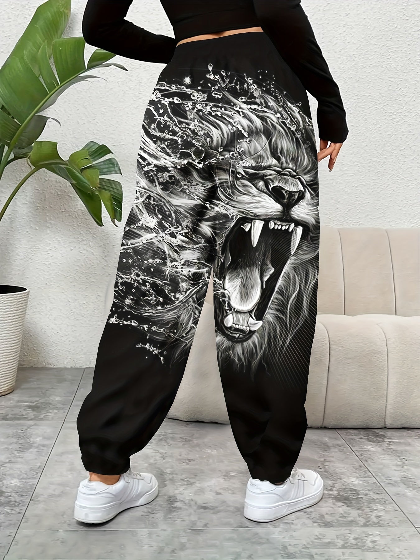Casual Elastic Waist Pants - Lion Print Drawstring Baggy Pants with Pockets for Every Day