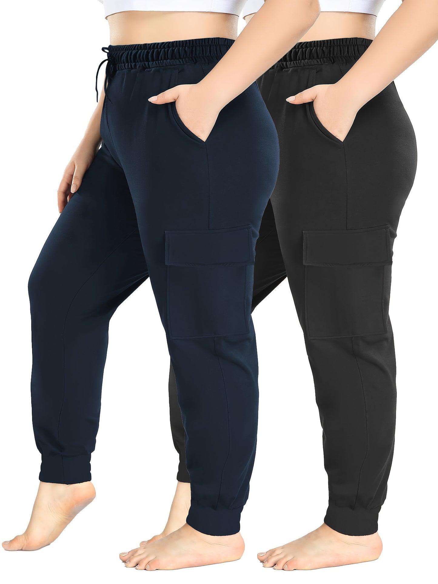High Stretch 2-Pack Plus Size Drawstring Cargo Pants - With Pockets