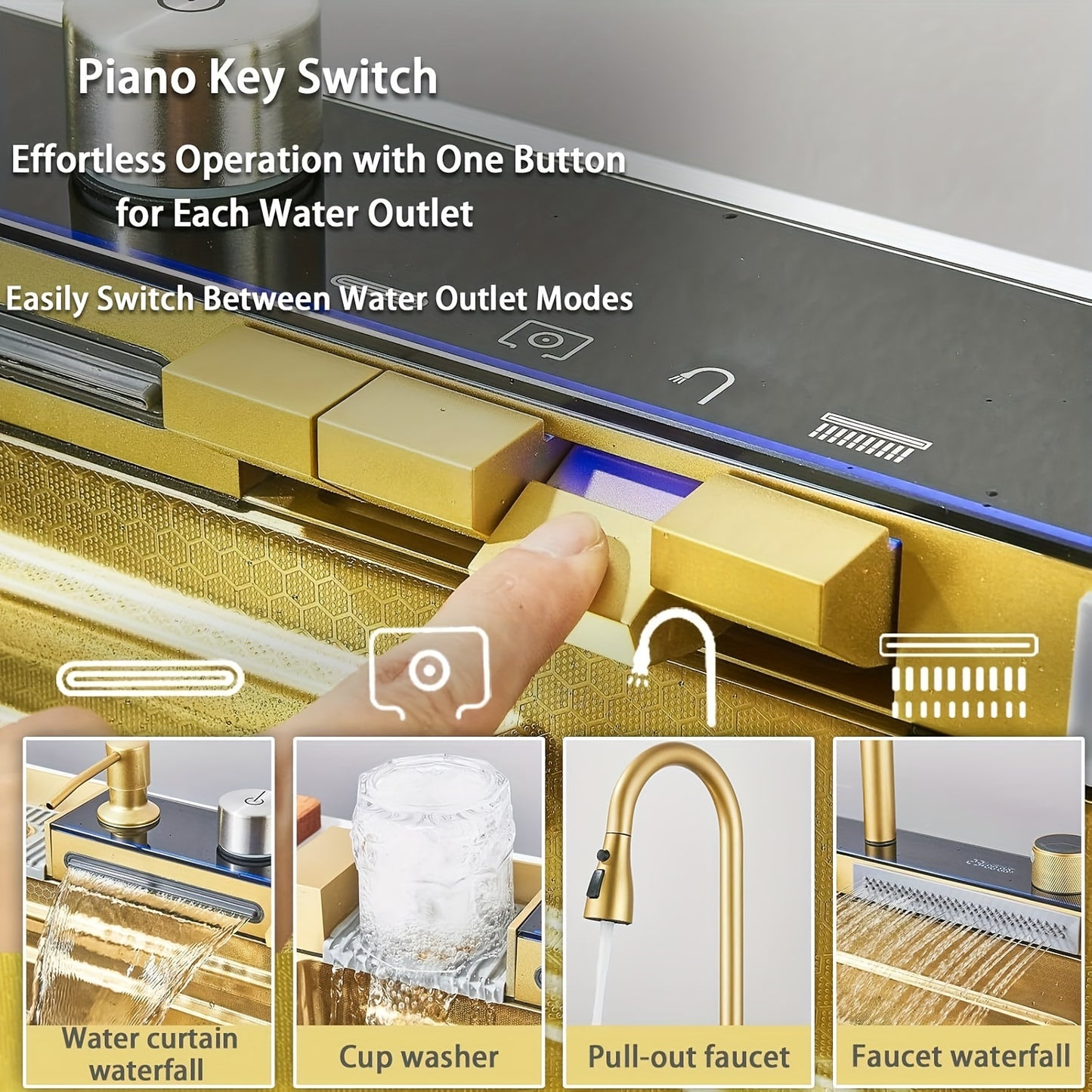 Golden Multifunctional Waterfall Digital Display Sink, 304 Stainless Steel 1 Basin, Smart Sink with Integrated Tap