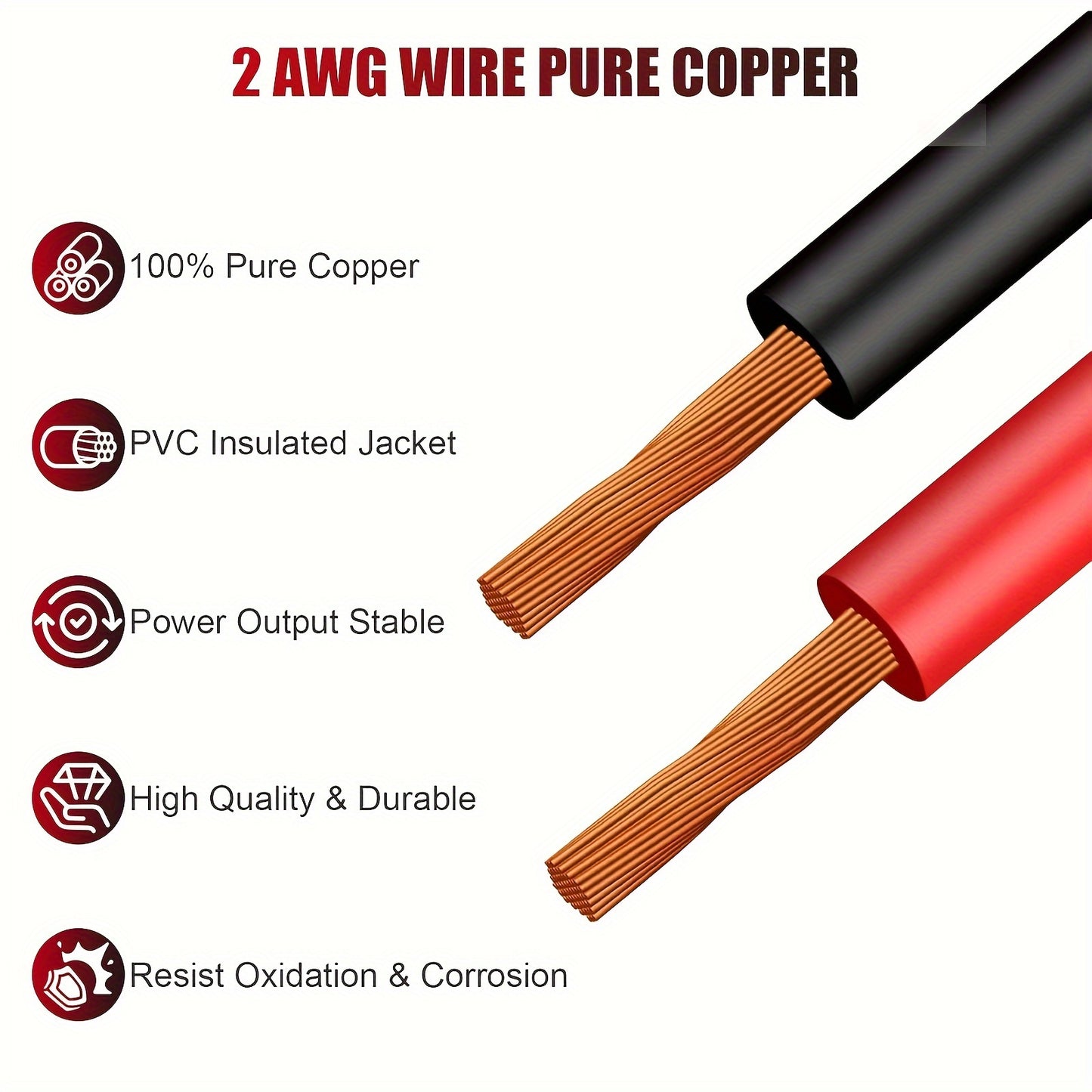 Battery Cable 2AWG, with 3/8" Lugs Terminals Copper Wire