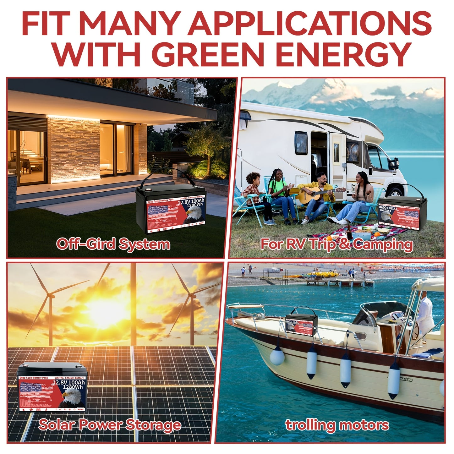 1x Durable 12.8V 100Ah Group 31 LiFePO4 Lithium Battery with Built-in 100A BMS - 1280Wh, Grade A Deep Cycle, Supports Series/Parallel Connection for Solar Home Systems, RVs, Marine Applications, Trolling Motors & Off-Grid Lif