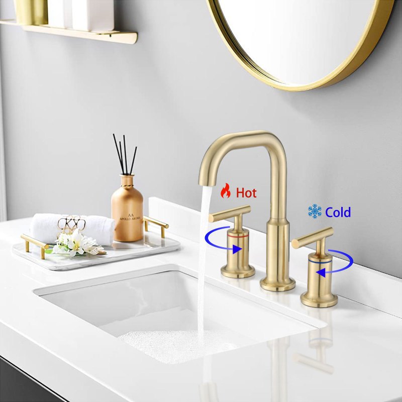 Widespread Bathroom Faucet 3 Hole 2 Handle Vanity Sink Faucet Brushed Golden